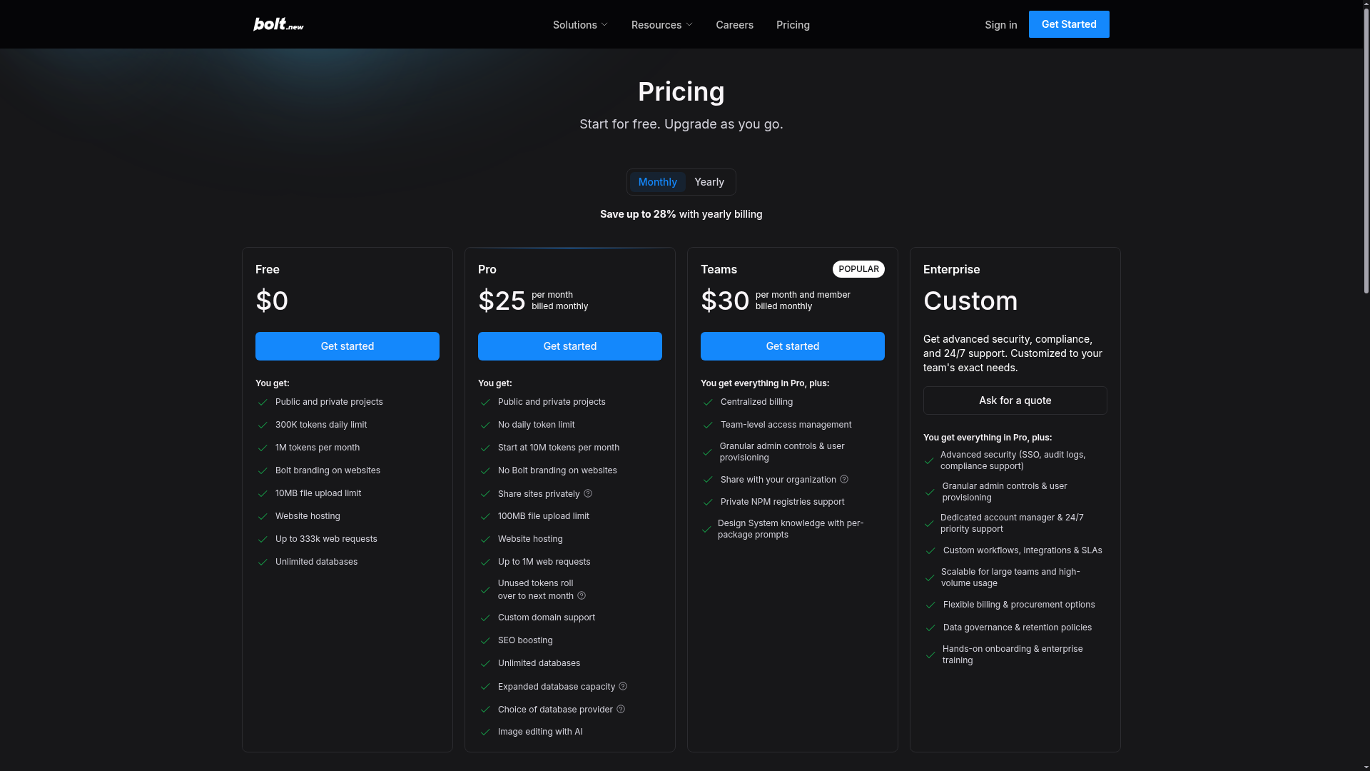 Bolt.new pricing page showing Free, Pro, Teams and Enterprise tiers