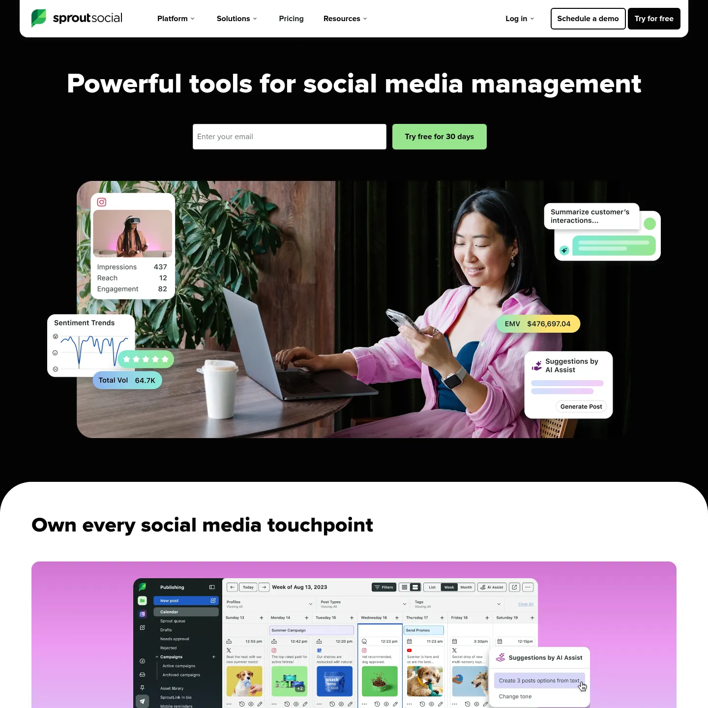 SNS管理プラットフォームを紹介するSprout Socialのホームページ
