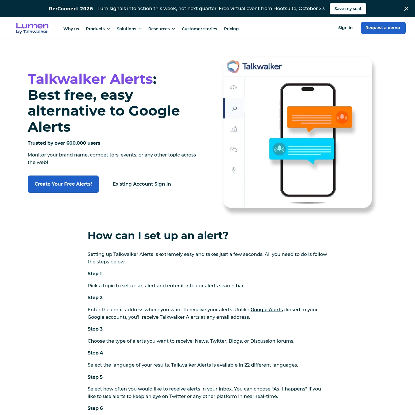 無料のキーワード通知と対応する情報源の種類を説明するTalkwalker Alertsのページ