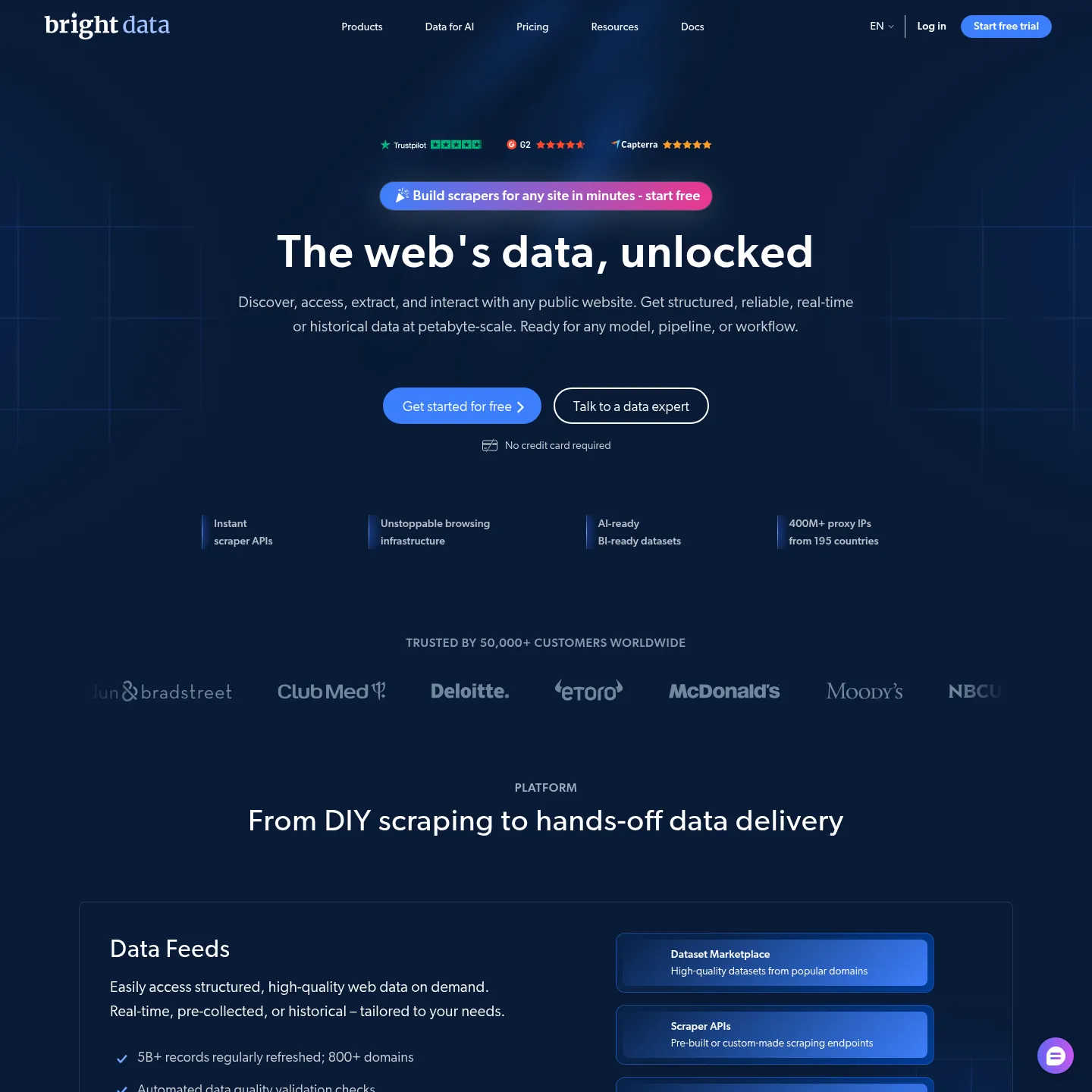 Bright Data homepage presenting its web access, scraping, dataset and agent products