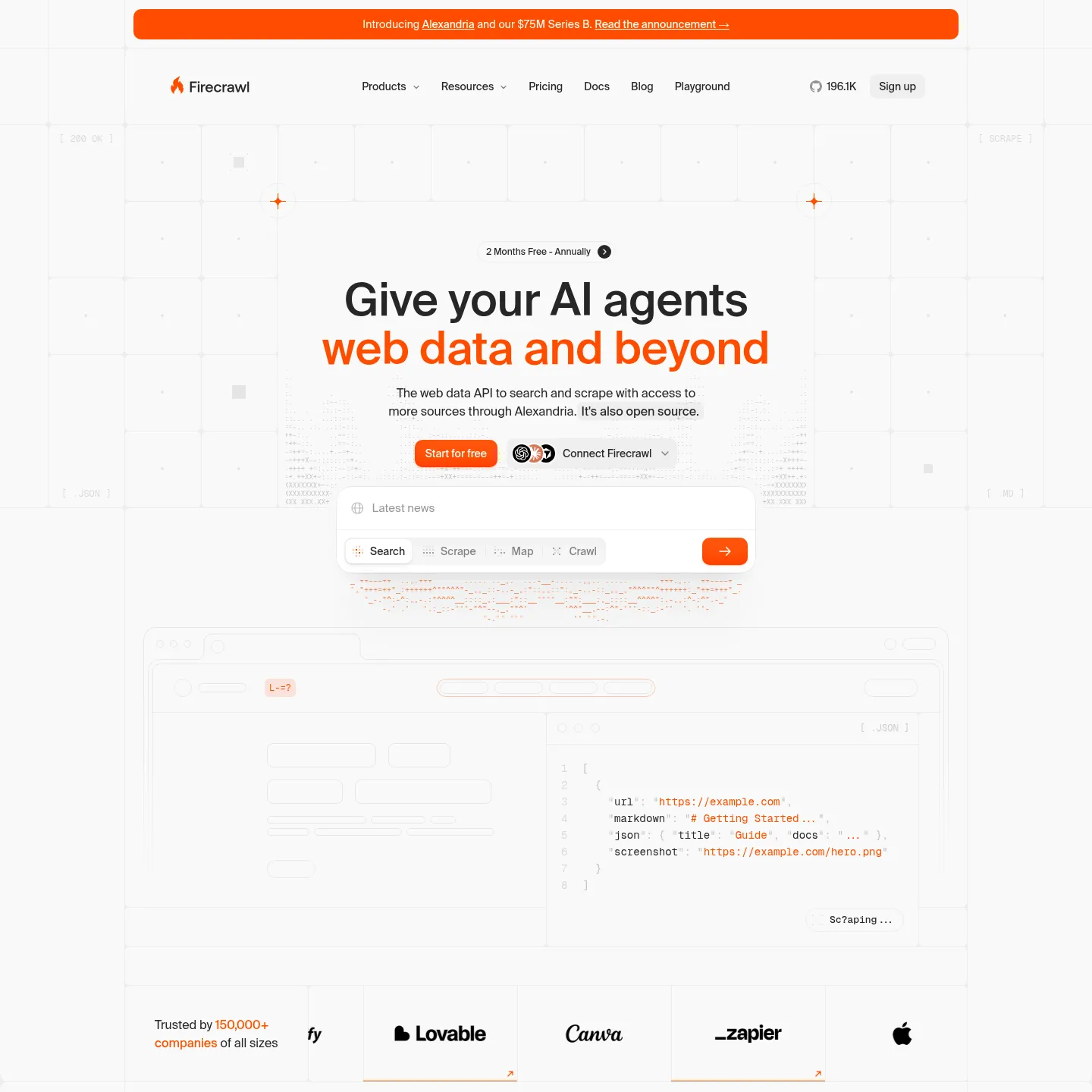 Firecrawl homepage showing its web search, scraping and agent integrations