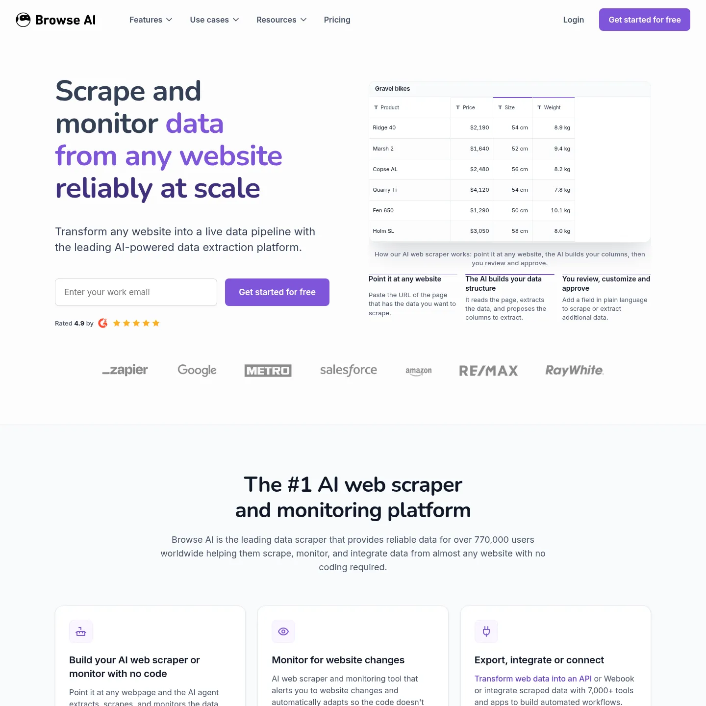 Browse AI homepage showing no-code web extraction and monitoring workflows