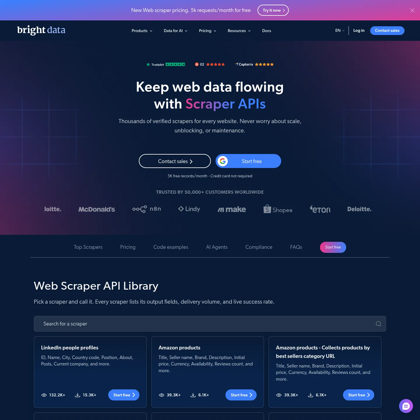 Bright Data Scraper API library showing maintained site-specific extraction options