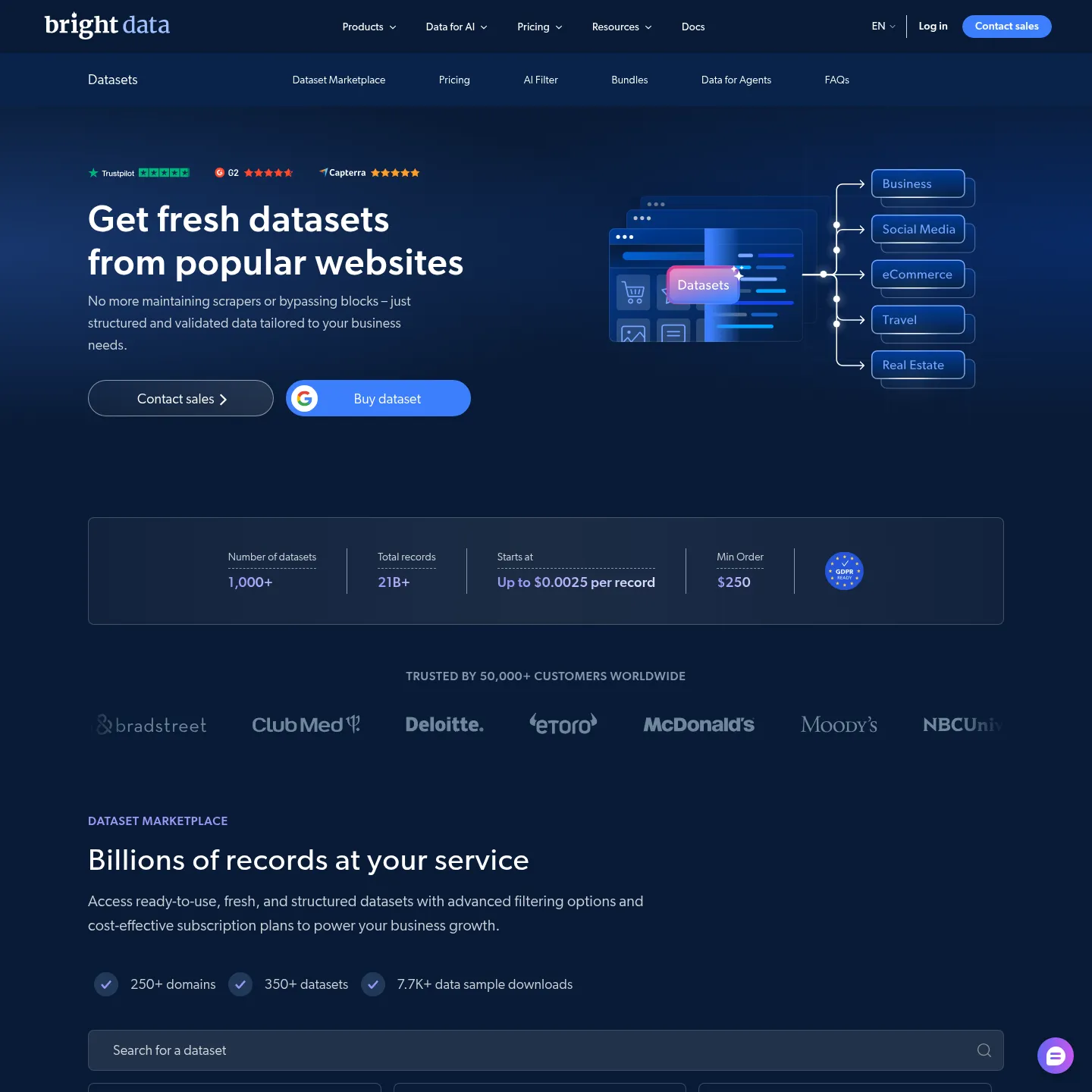 Bright Data dataset marketplace with data selection and sample information