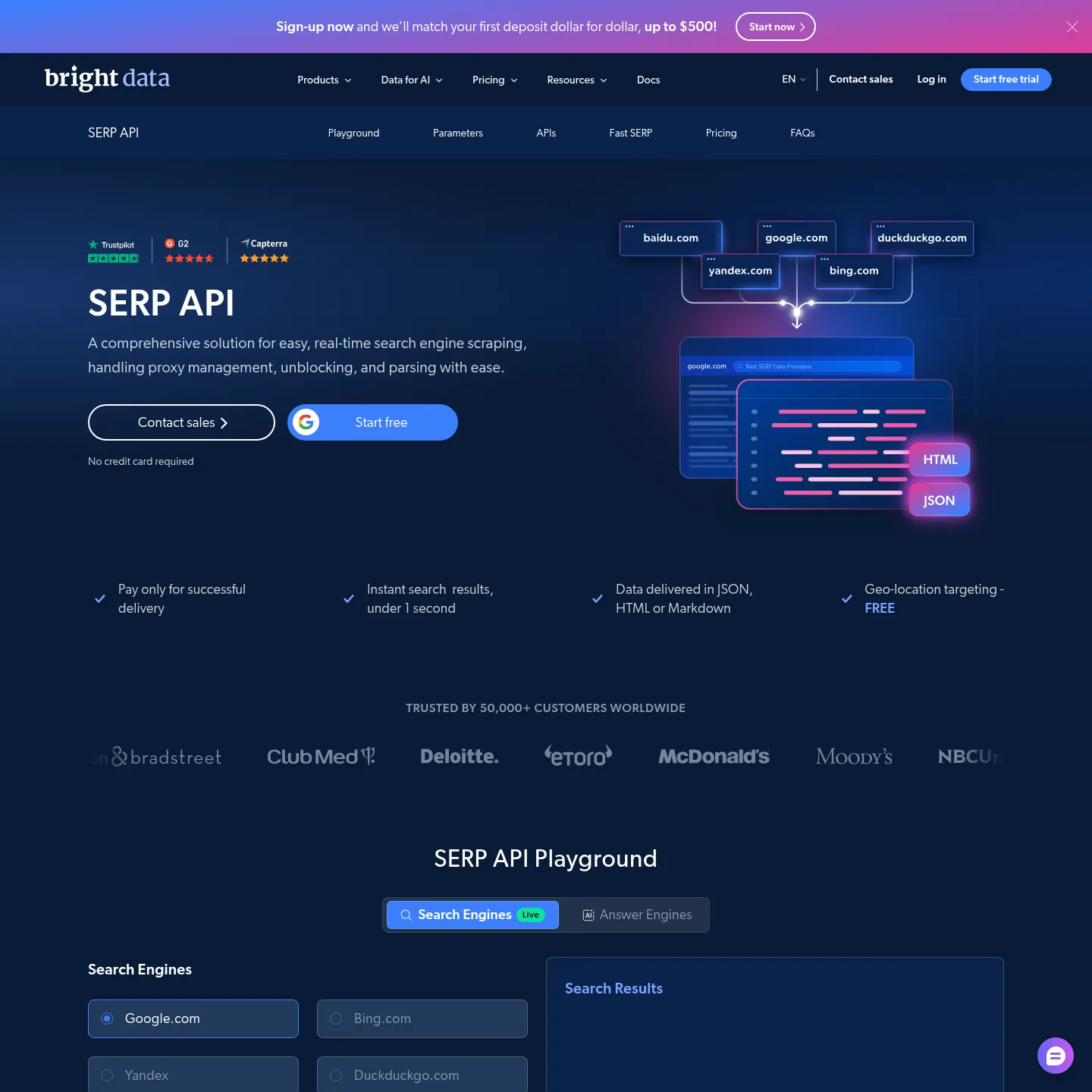 Bright Data SERP API page showing search-result collection and location options