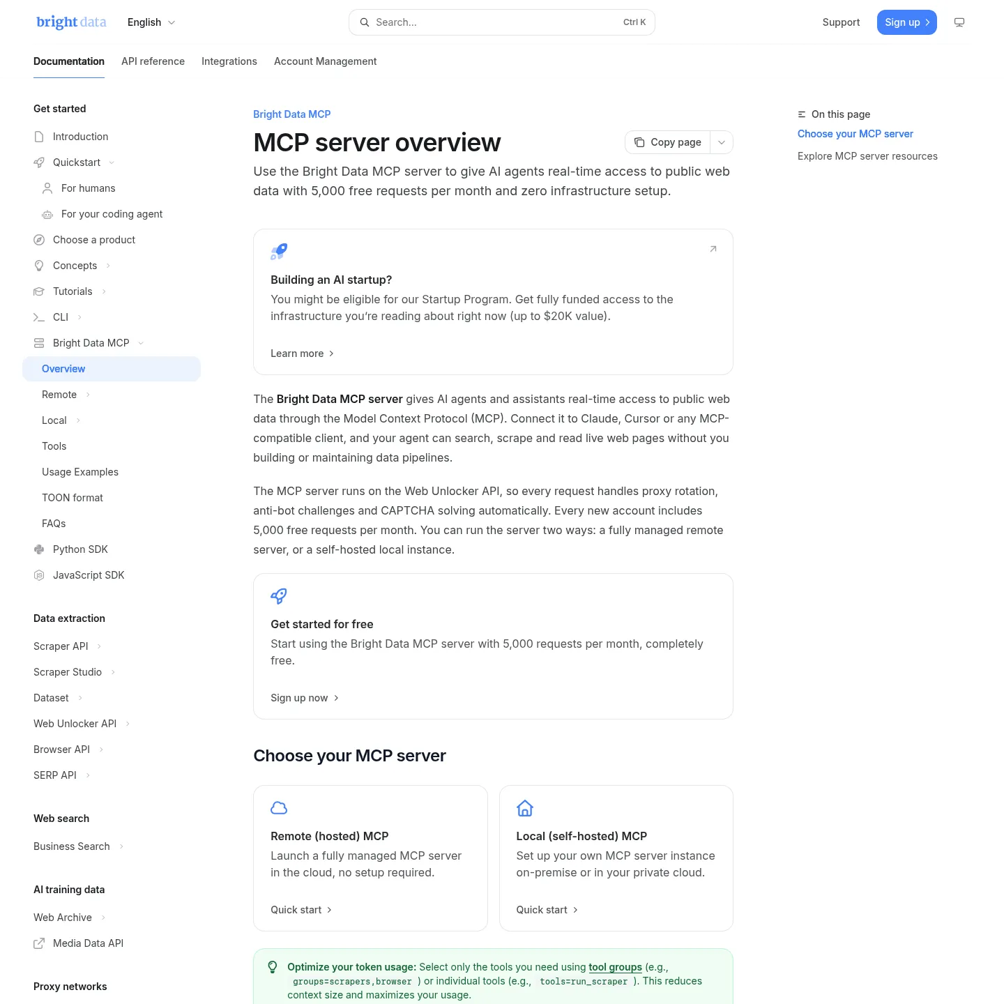 Bright Data MCP documentation explaining hosted and local server options