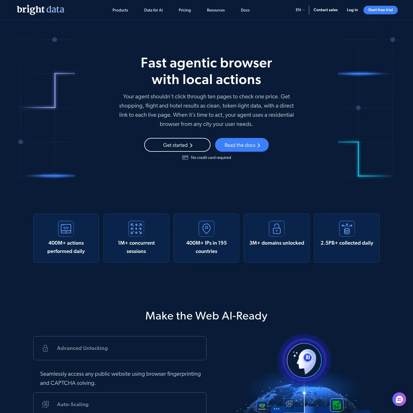 Bright Data Agent Browser page describing browser automation and agent integrations
