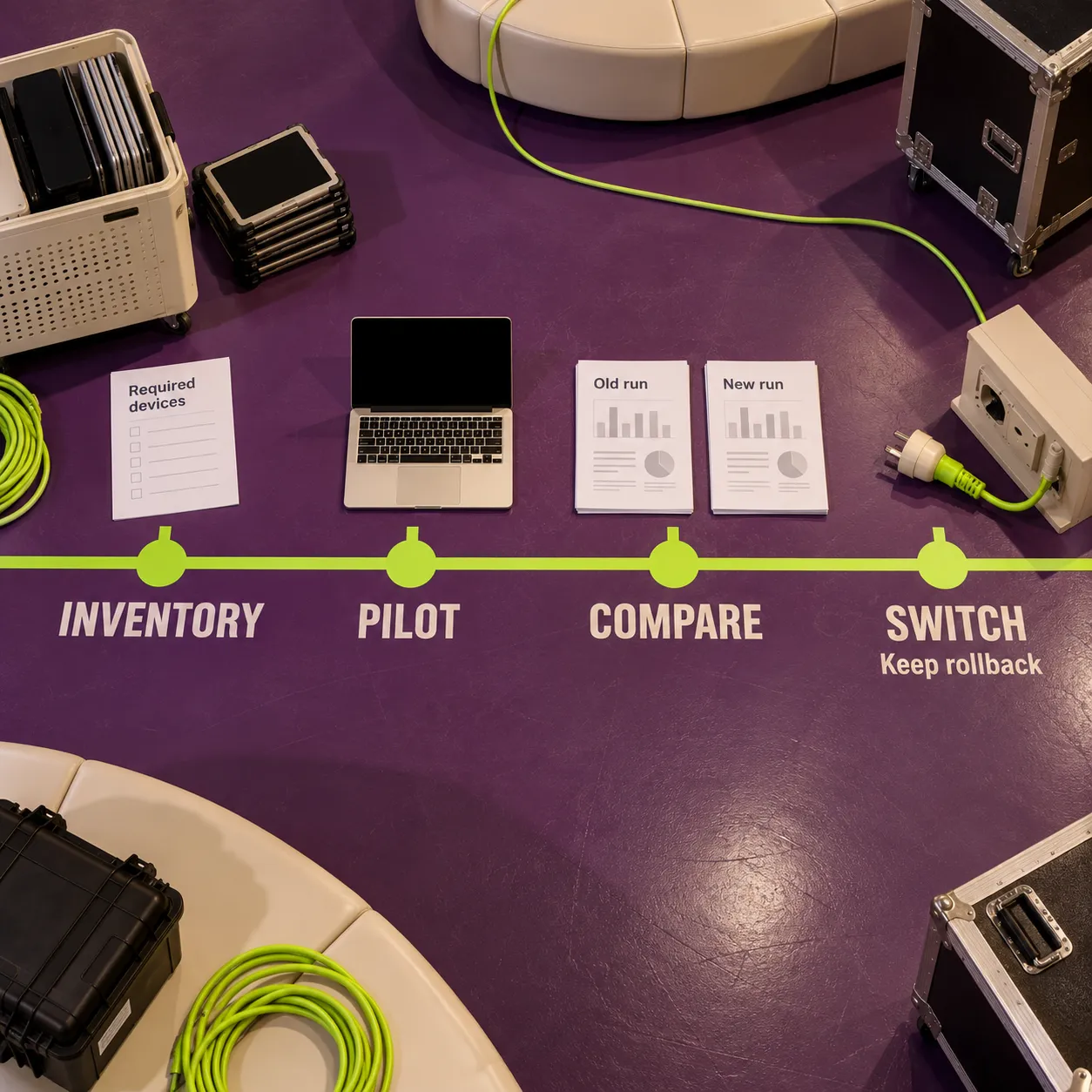 A migration timeline shows inventory, pilot, compare and switch, with rollback retained