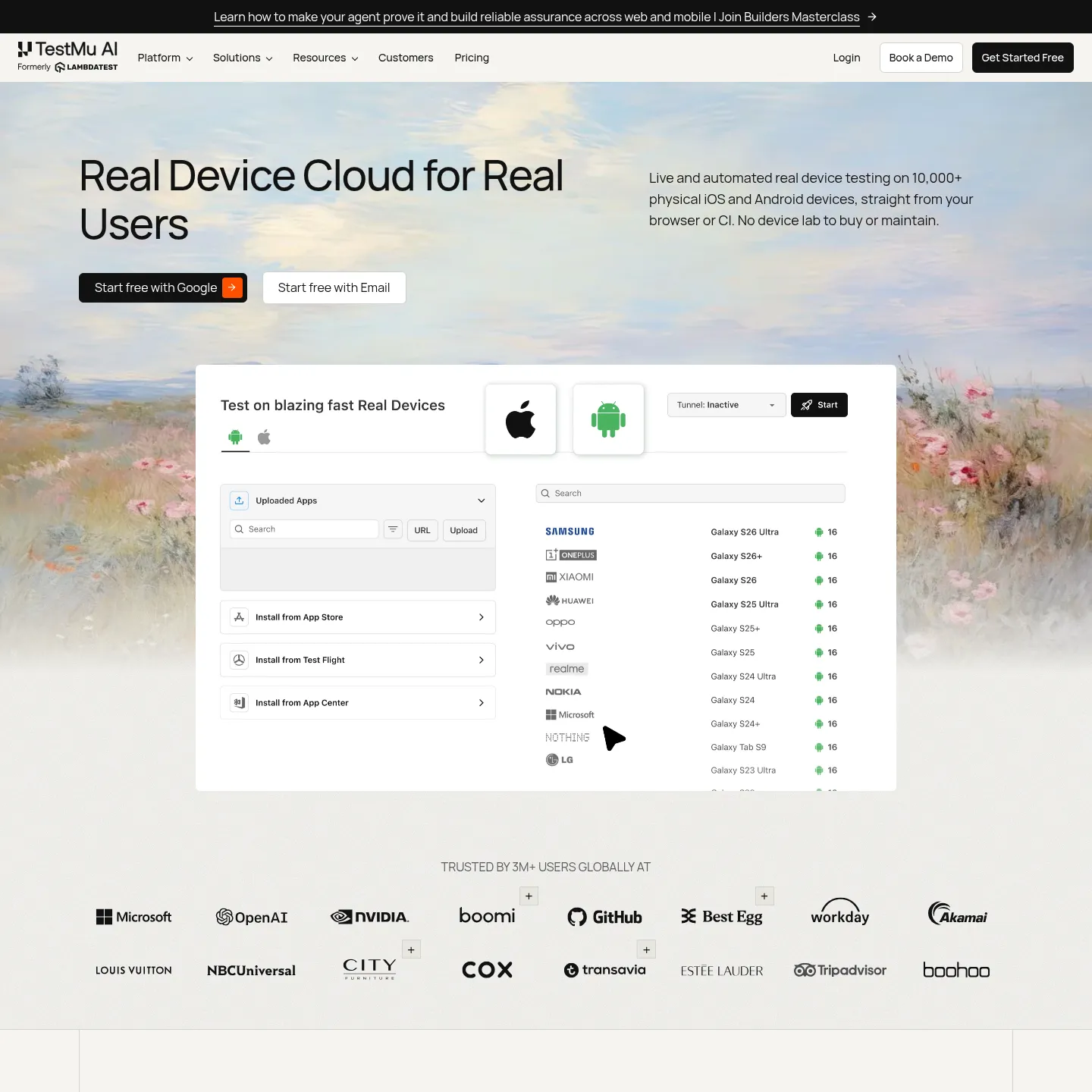 TestMu AI real device cloud product page, the current home of LambdaTest