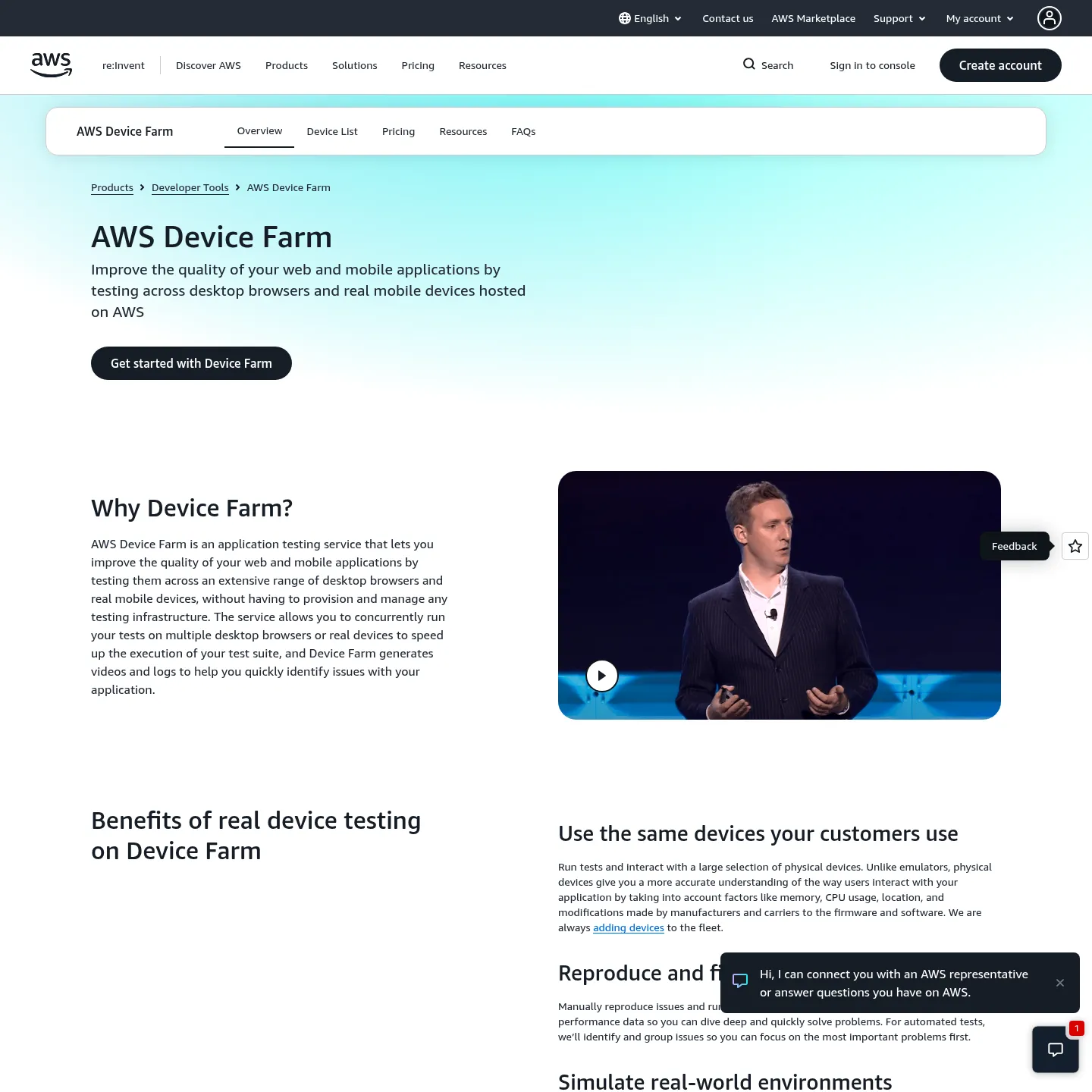 AWS Device Farm service page for mobile and web application testing