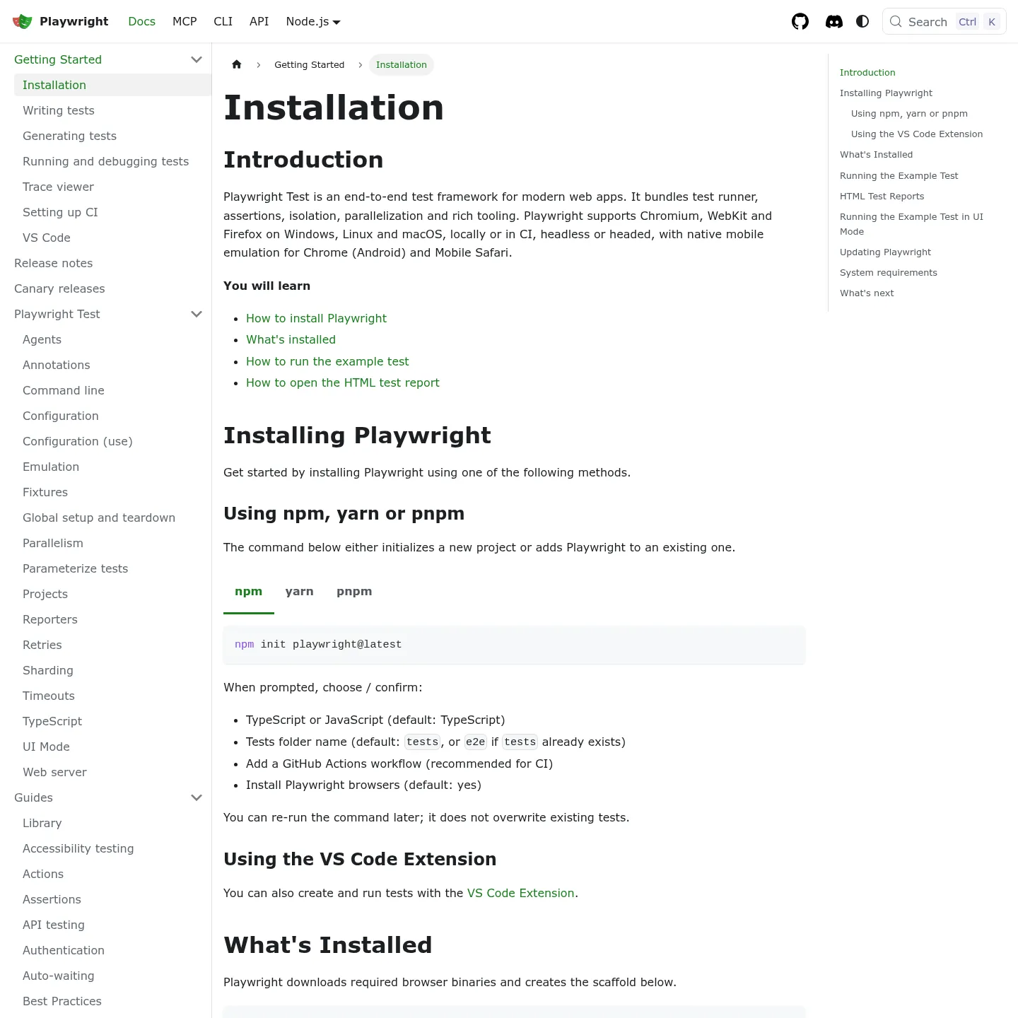 Playwright documentation showing installation, test execution and reporting