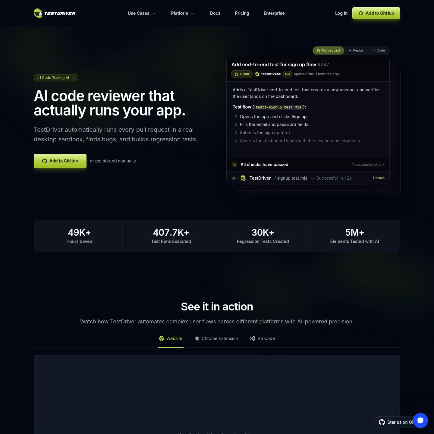 TestDriver.ai product page showing its pull-request testing workflow and replay examples