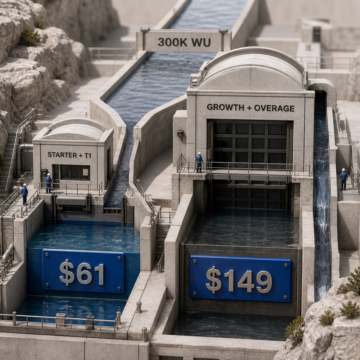 Architectural cost paths comparing Bubble Starter plus Tier 1 at $61 with Growth plus overage at $149 for 300K WU