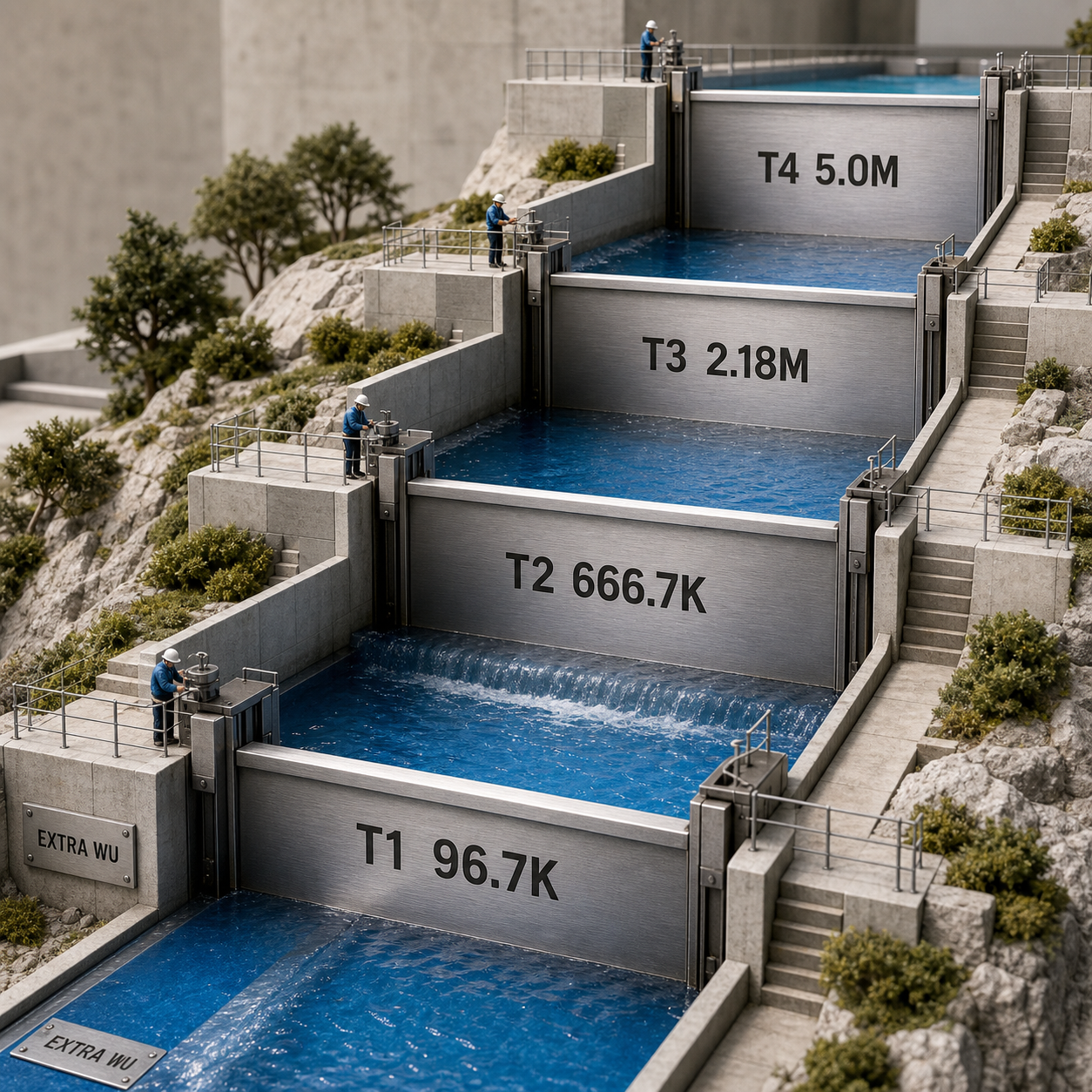 Four workload gates showing the monthly Bubble add-on crossover points at 96.7K, 666.7K, 2.18M, and 5.0M extra WU