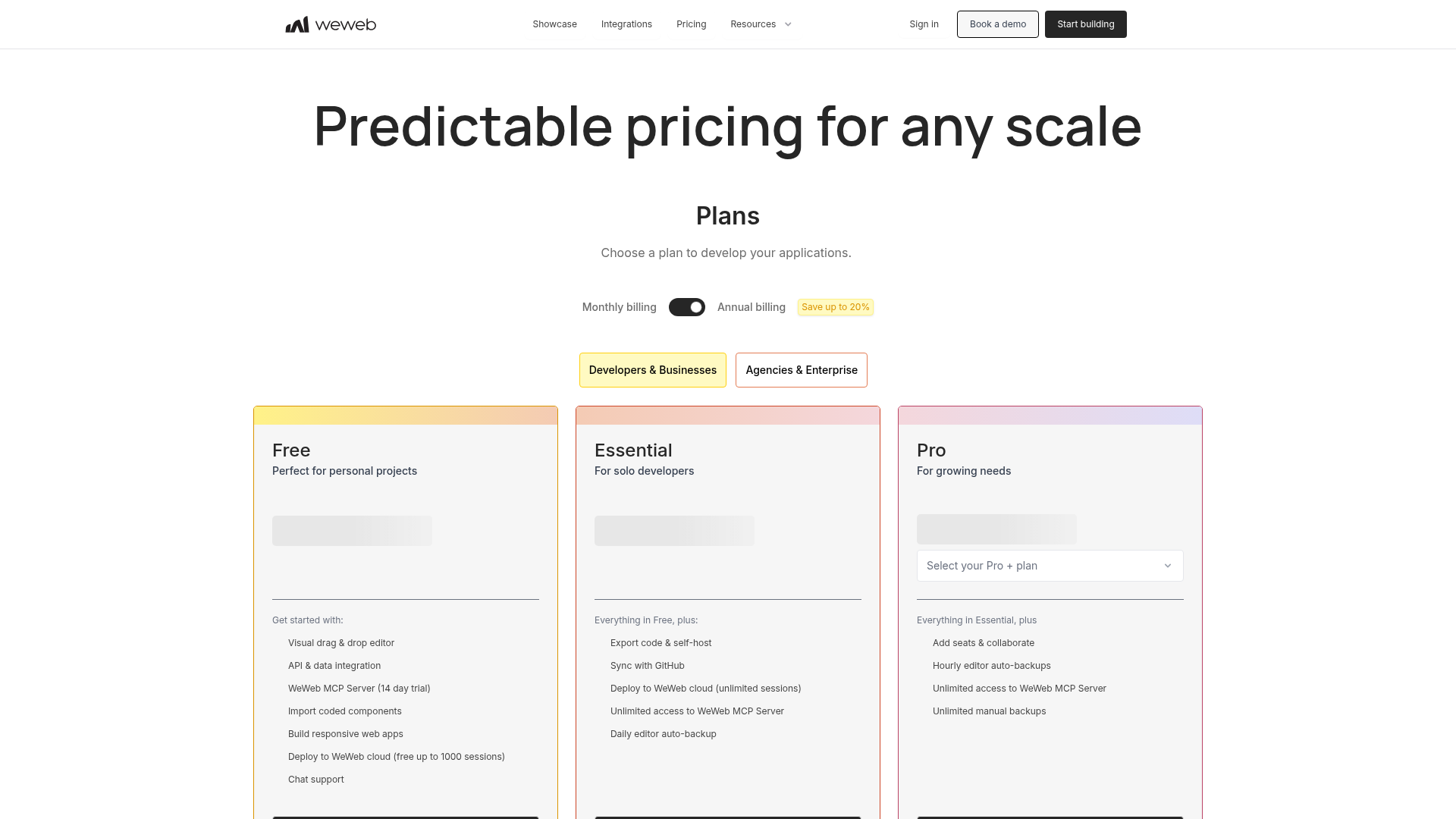 WeWeb pricing page showing editor plans and cloud hosting tiers
