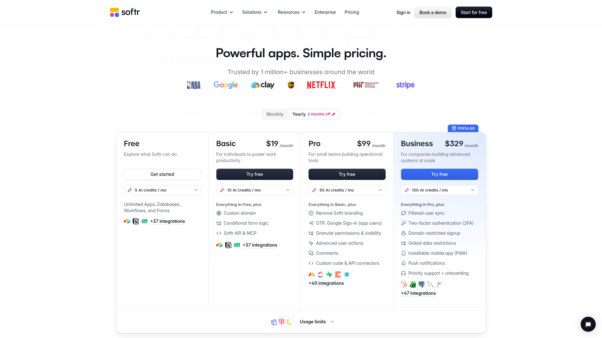 Softr pricing page showing Free, Basic, Pro, Business, and Enterprise plans