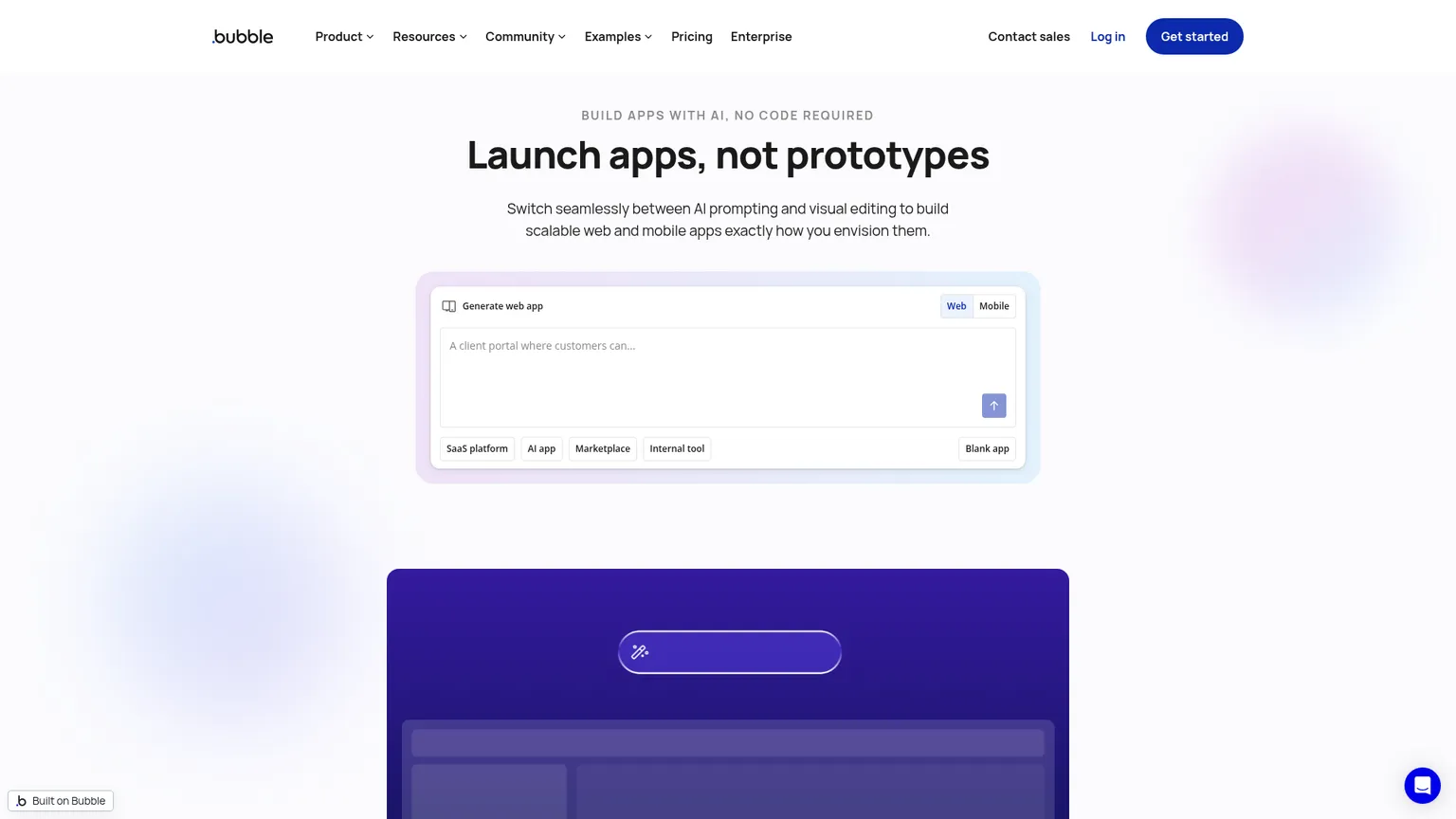 Homepage di Bubble che mostra la piattaforma visuale per creare app full-stack
