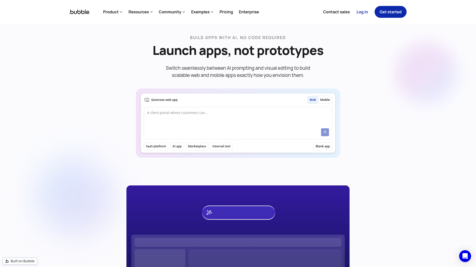Bubble homepage showing its visual full-stack app-building platform