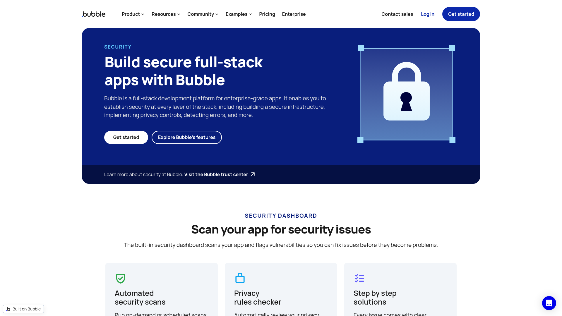 Bubble security page showing its dashboard, privacy controls, and compliance claims