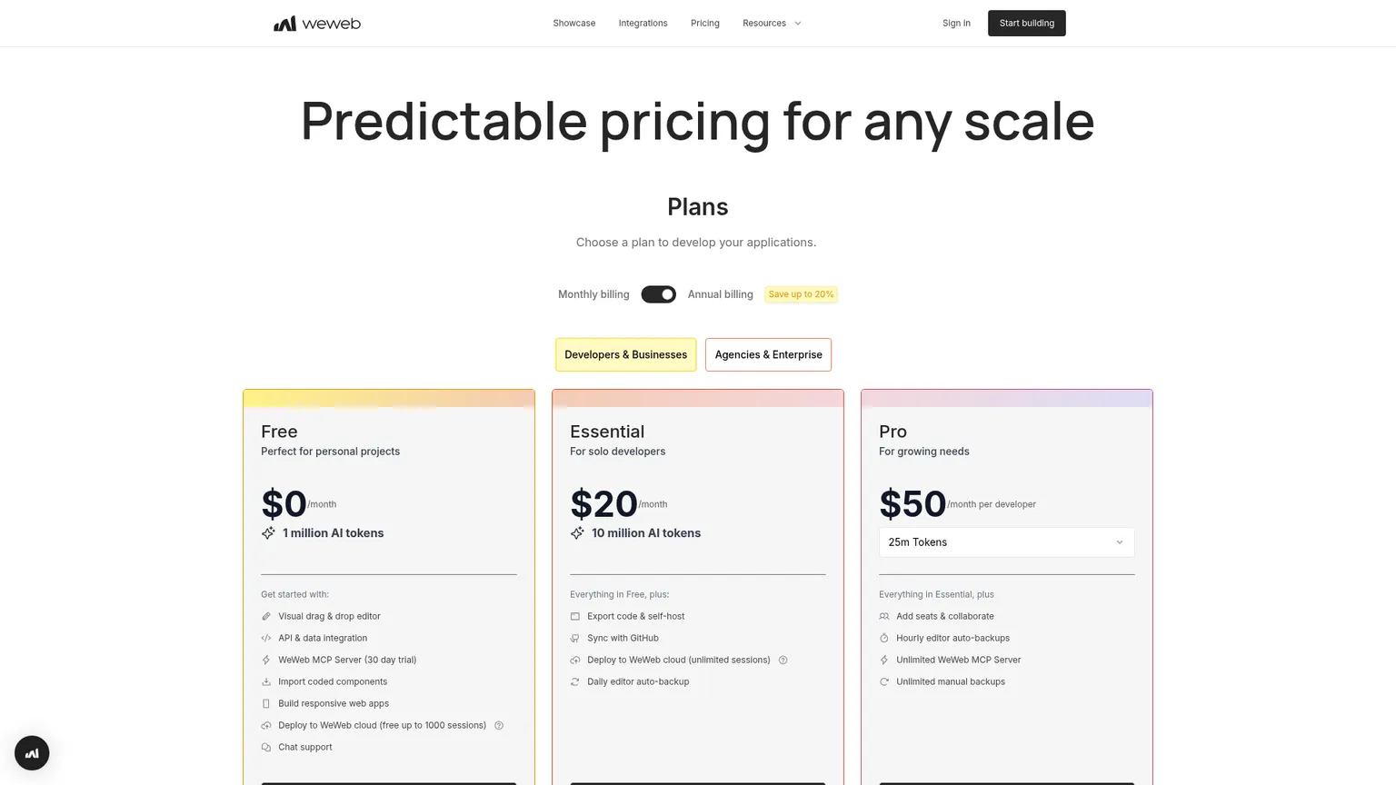Pagina prezzi di WeWeb con licenze editor e livelli di hosting cloud