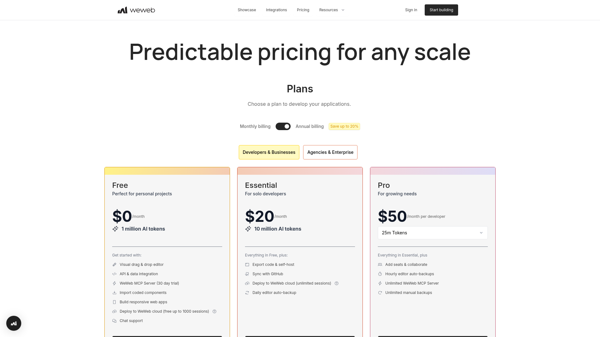 WeWeb pricing page showing editor seats and cloud hosting tiers