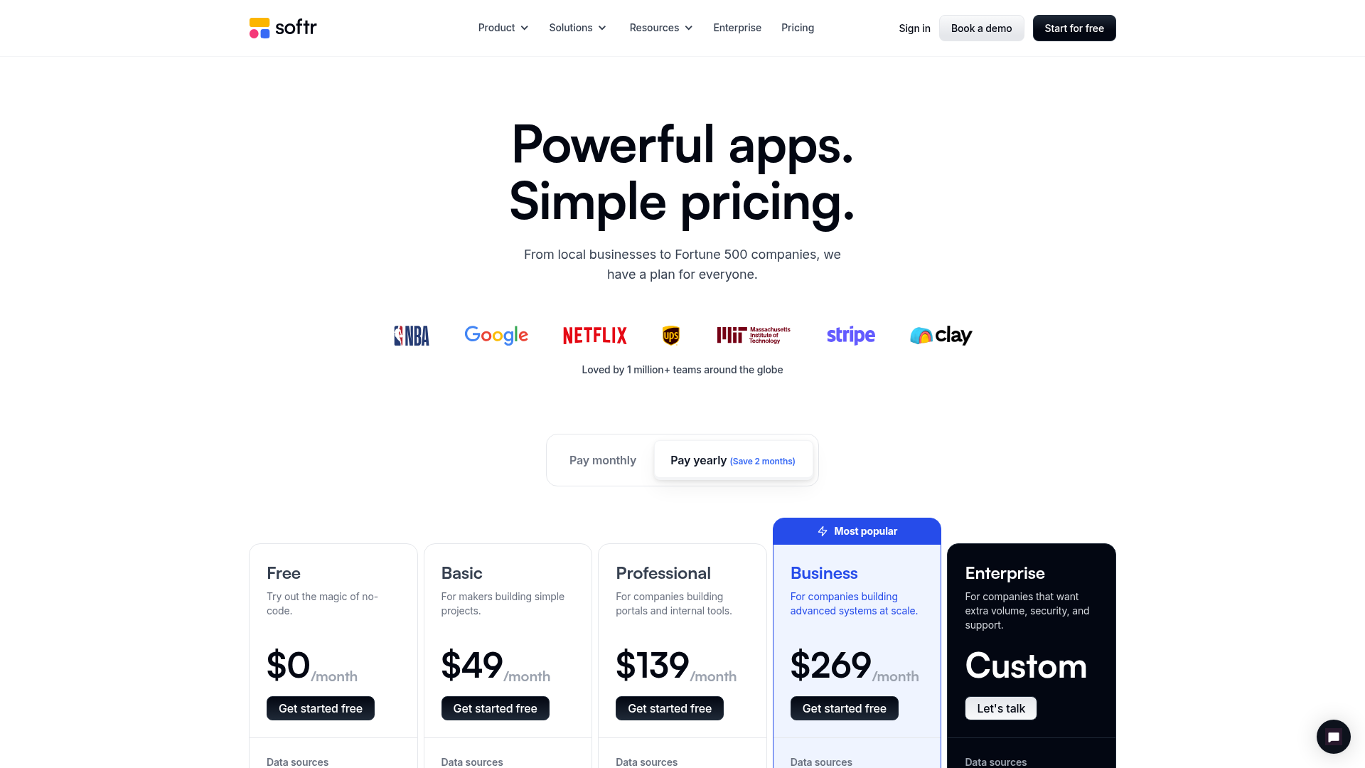 Softr pricing page showing Free, Basic, Professional, Business, and Enterprise plans
