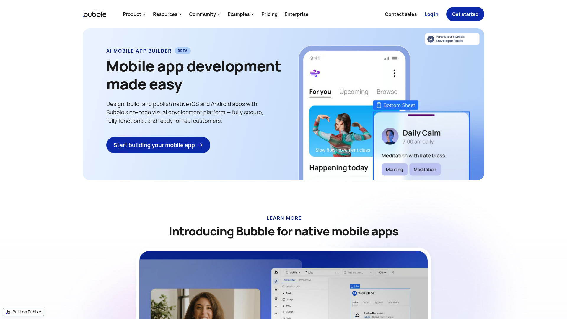 Bubble native mobile beta page showing iOS and Android app building