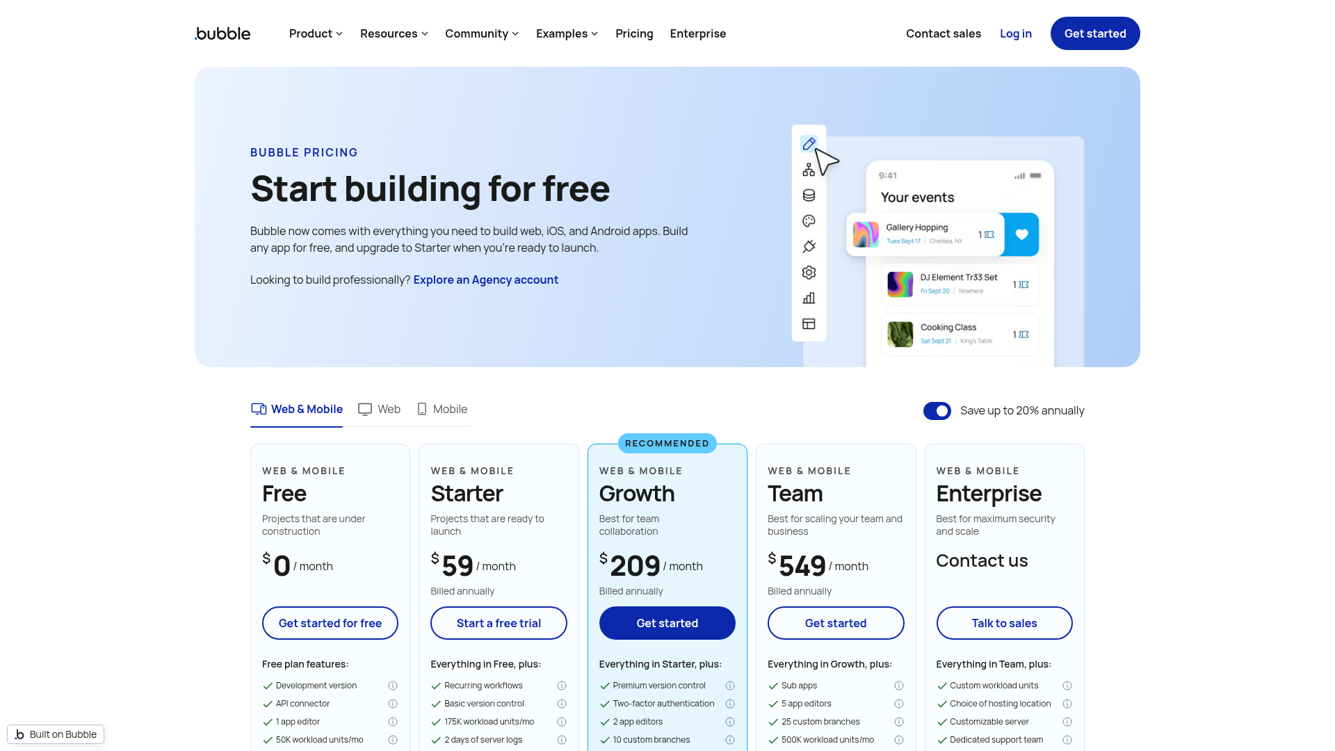 Bubble pricing page showing Web, Mobile, and Web plus Mobile tiers