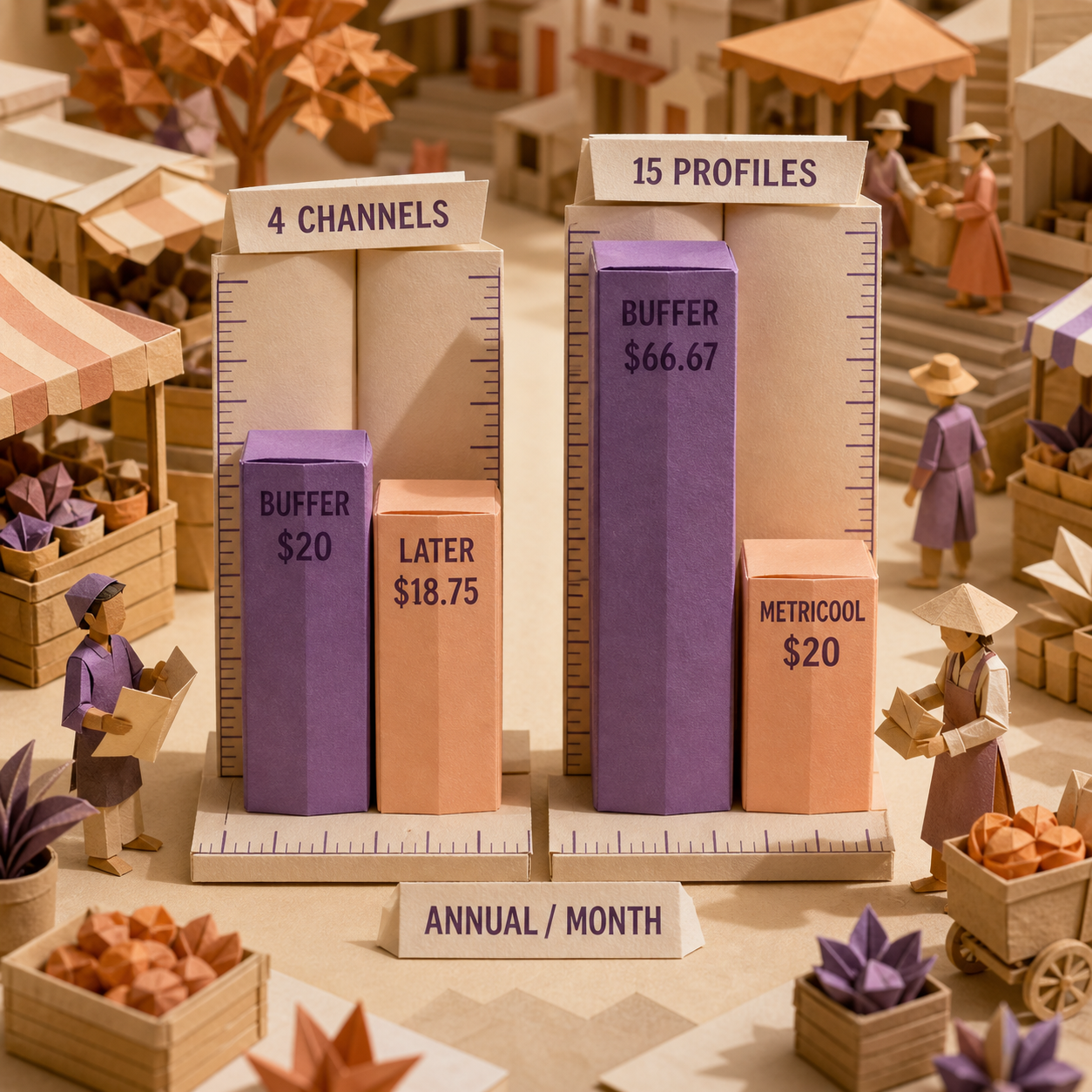 Annual-effective price comparisons at four Buffer channels and fifteen multi-brand profiles