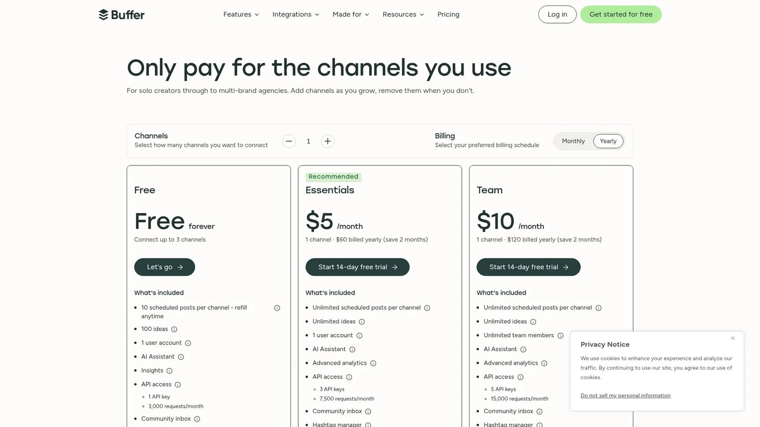 Buffer pricing page showing Free, Essentials, and Team plans