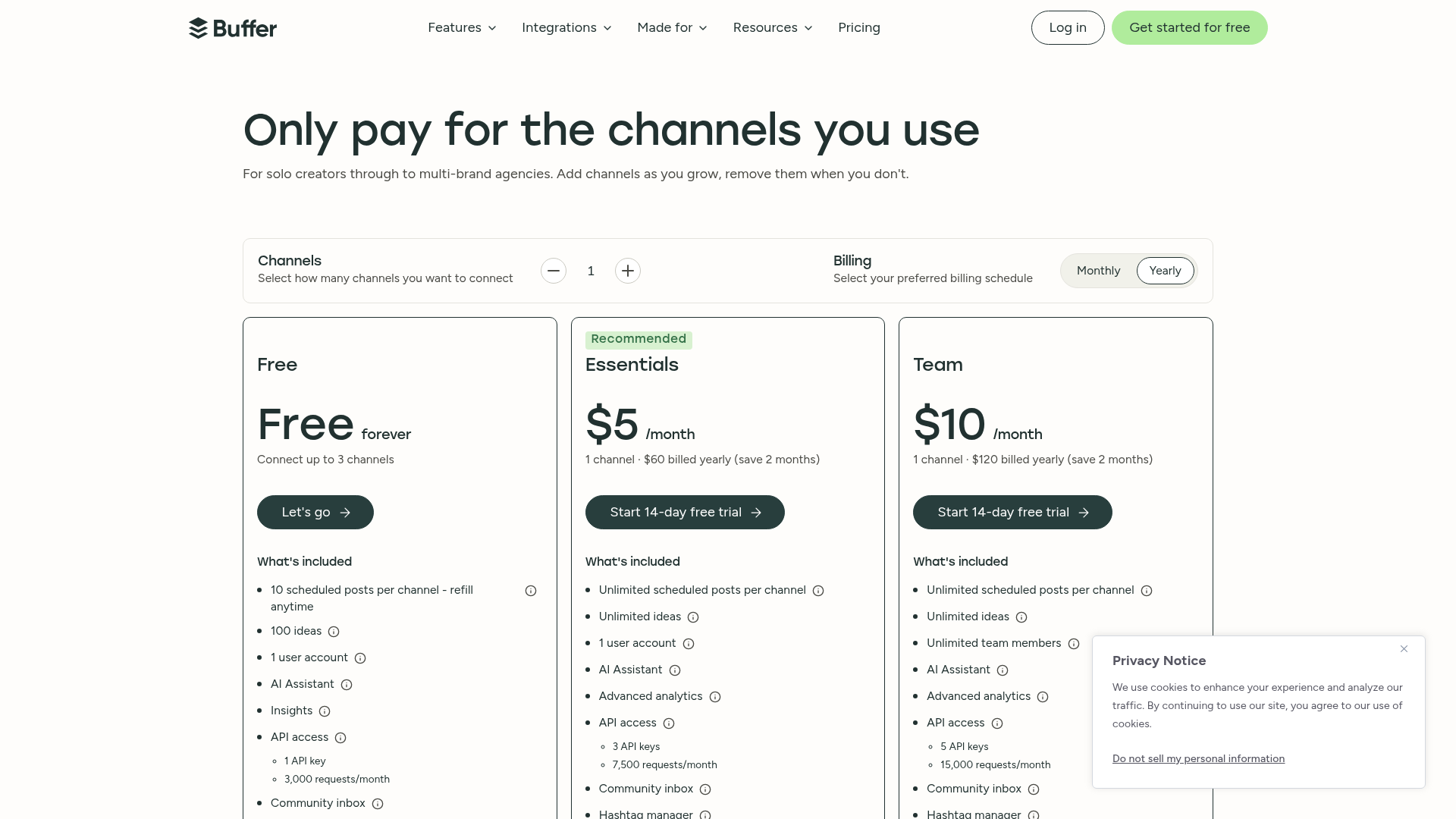 Buffer pricing page showing Free, Essentials, and Team plans