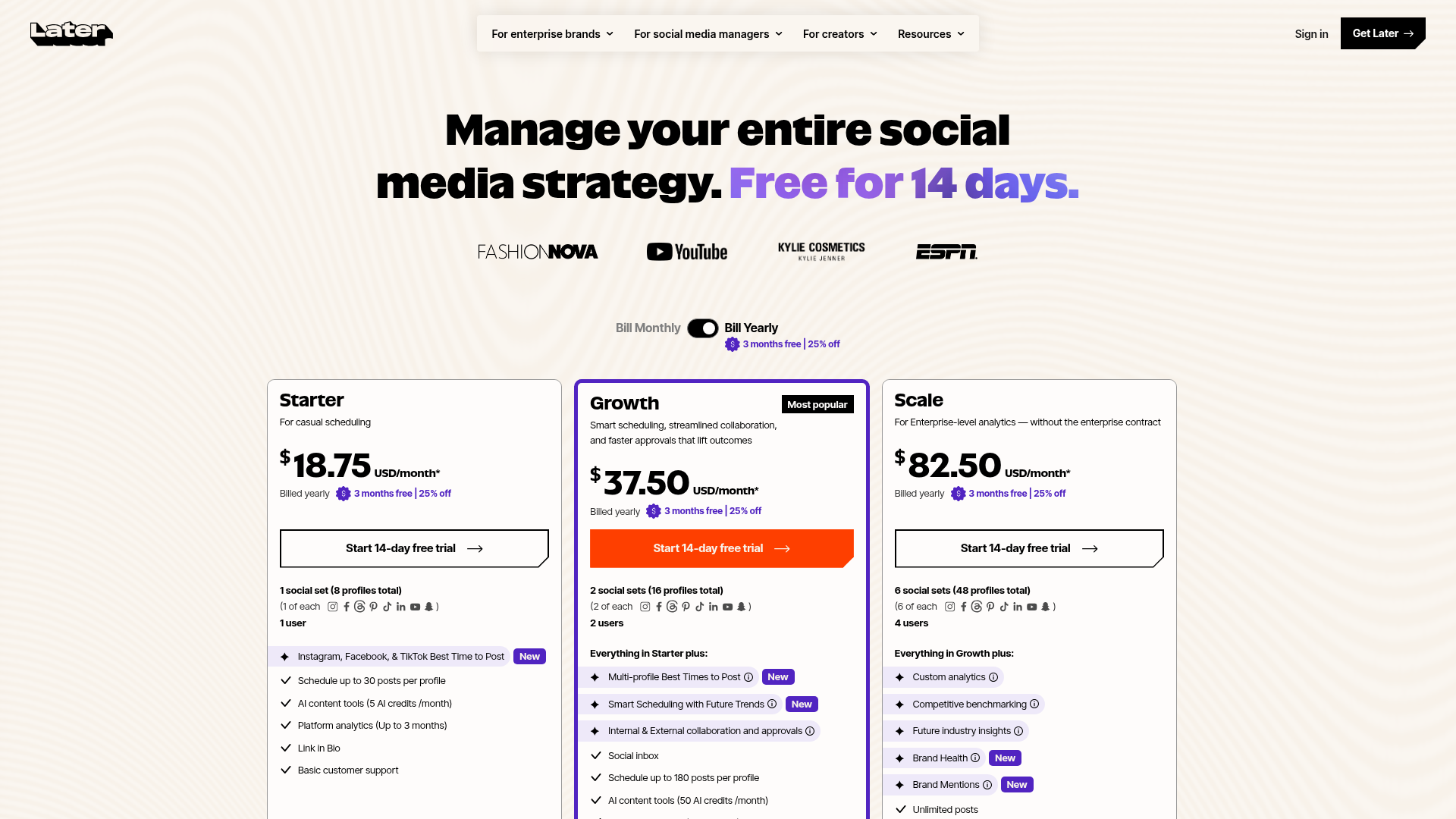 Later pricing page showing Starter, Growth, and Scale plans