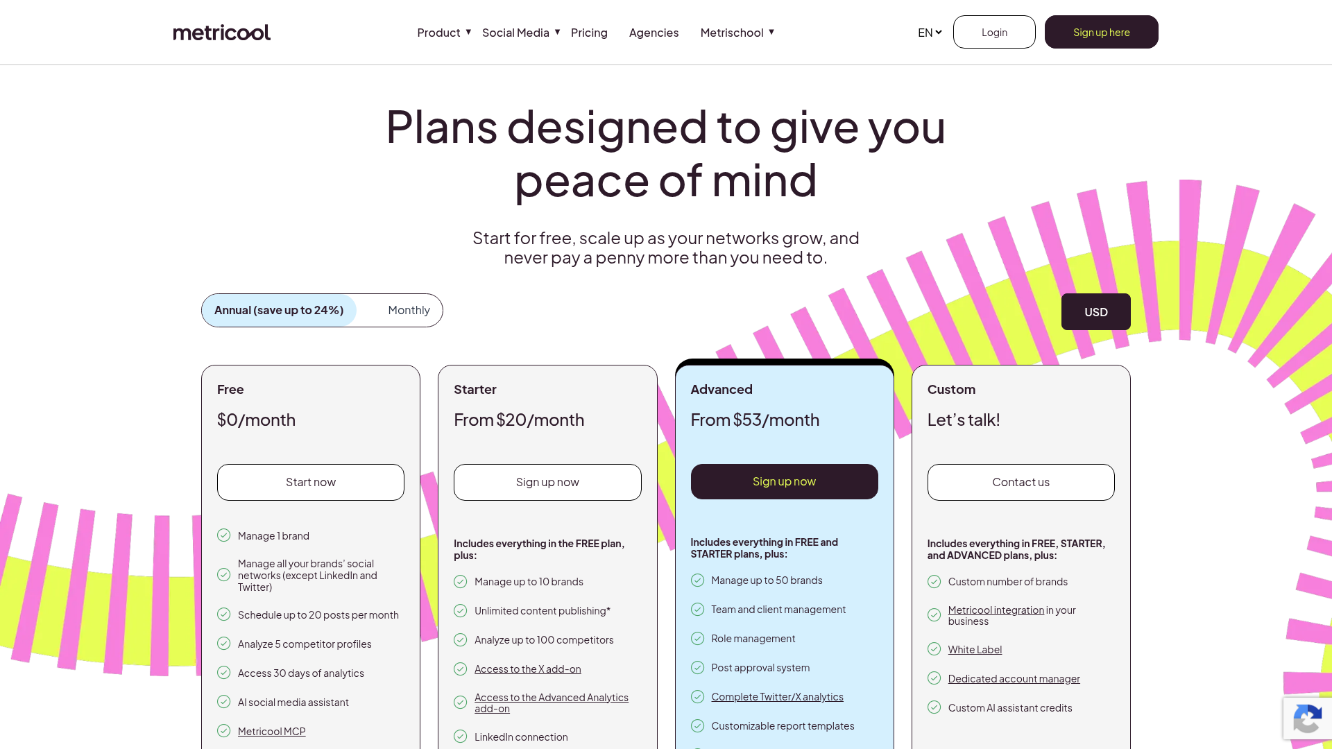 Metricool pricing page showing Free, Starter, Advanced, and Custom plans