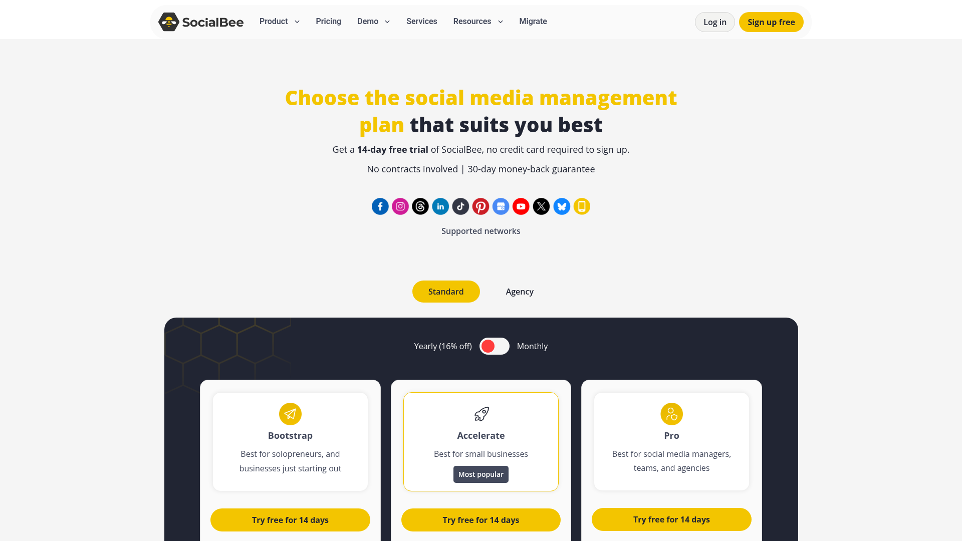 SocialBee pricing page showing Bootstrap, Accelerate, and Pro plans