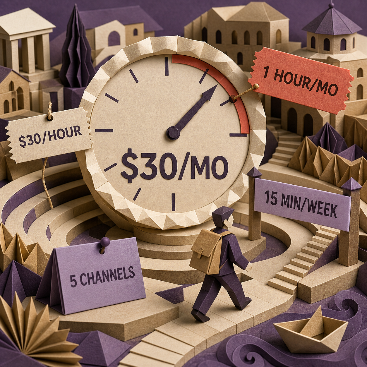 Five-channel Buffer Essentials break-even showing 30 dollars per month, one hour monthly, and 15 minutes weekly