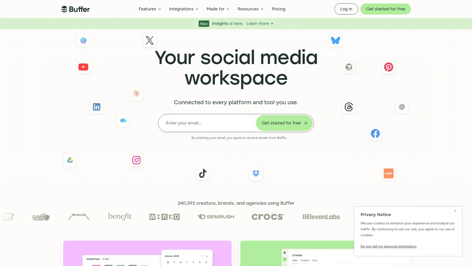 واجهة Buffer الرئيسية التي تعرض مساحة إدارة حسابات التواصل الاجتماعي ومنتجاتها الأساسية