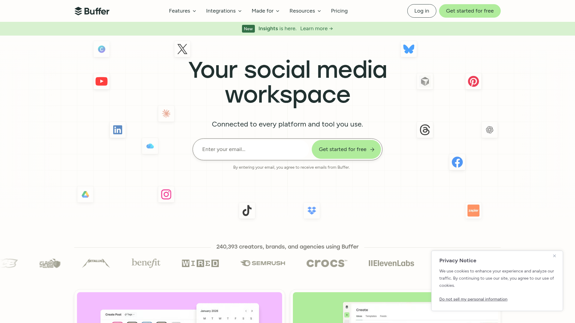 Buffer homepage showing its social media workspace and core products