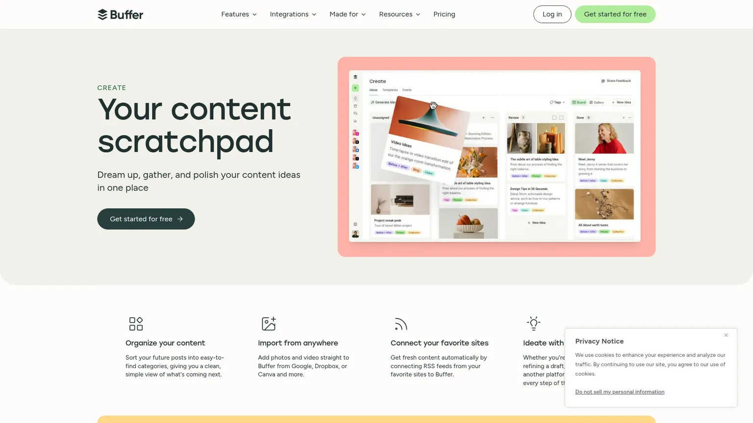 لوحة أفكار Buffer Create مع الوسوم والمعرض والقوالب وAI Assistant