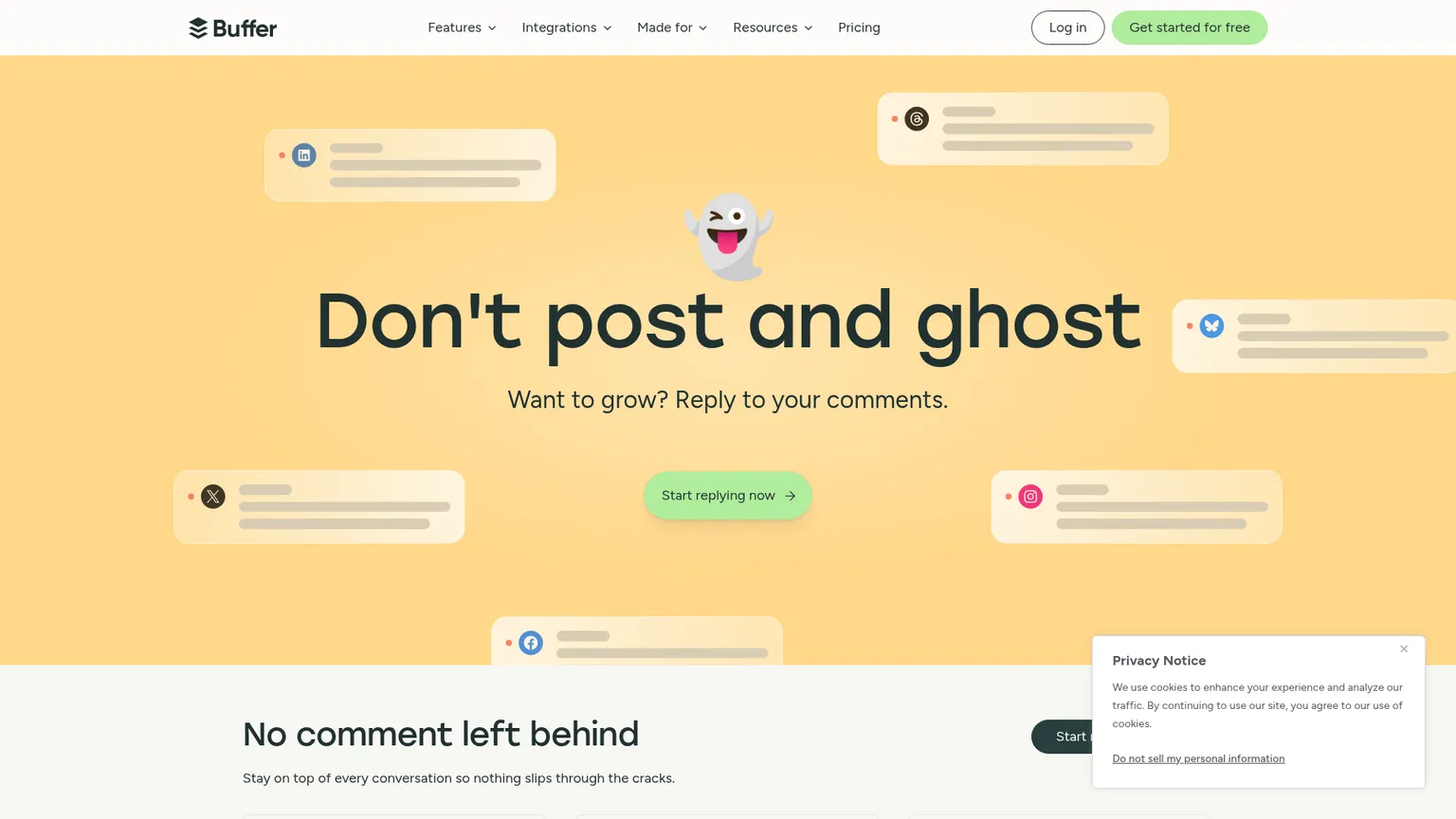 مرشحات التعليقات والردود المحفوظة وردود AI وComment Score في Buffer Community