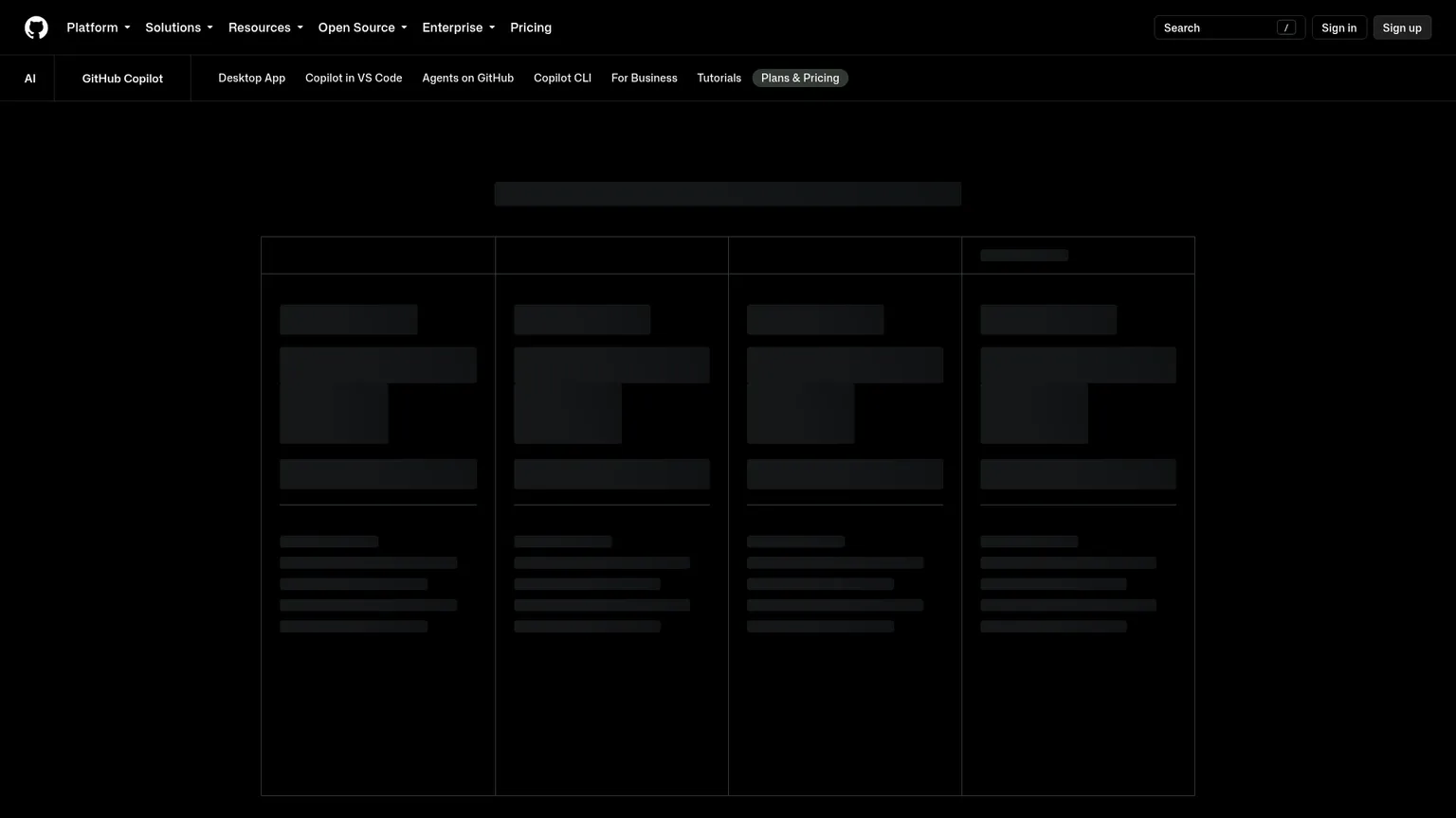 Übersichtsseite der GitHub Copilot Tarife und Preise