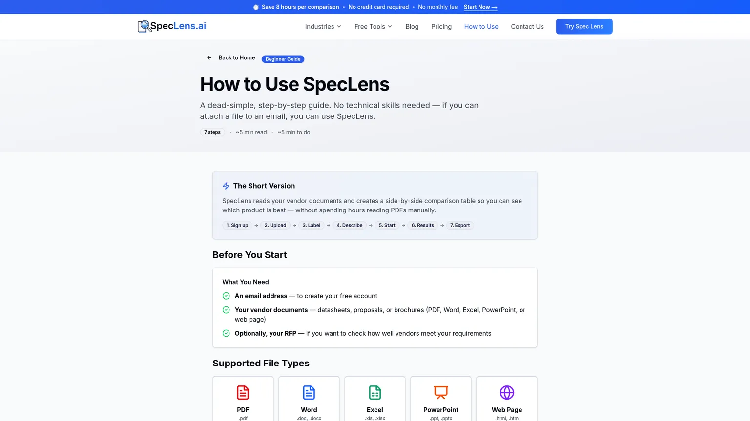Page de SpecLens présentant le workflow de comparaison des spécifications
