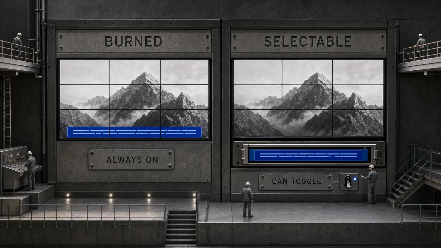 Architektonischer Vergleich zwischen fest in einer Videofläche eingebrannten Untertiteln und einer separat gespeicherten, zuschaltbaren Untertitelspur