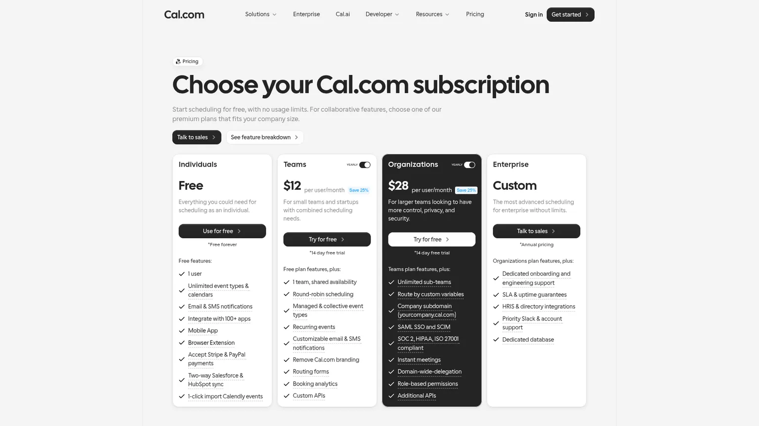 Pagina dei prezzi di Cal.com che mostra i piani Individuals, Teams, Organizations ed Enterprise