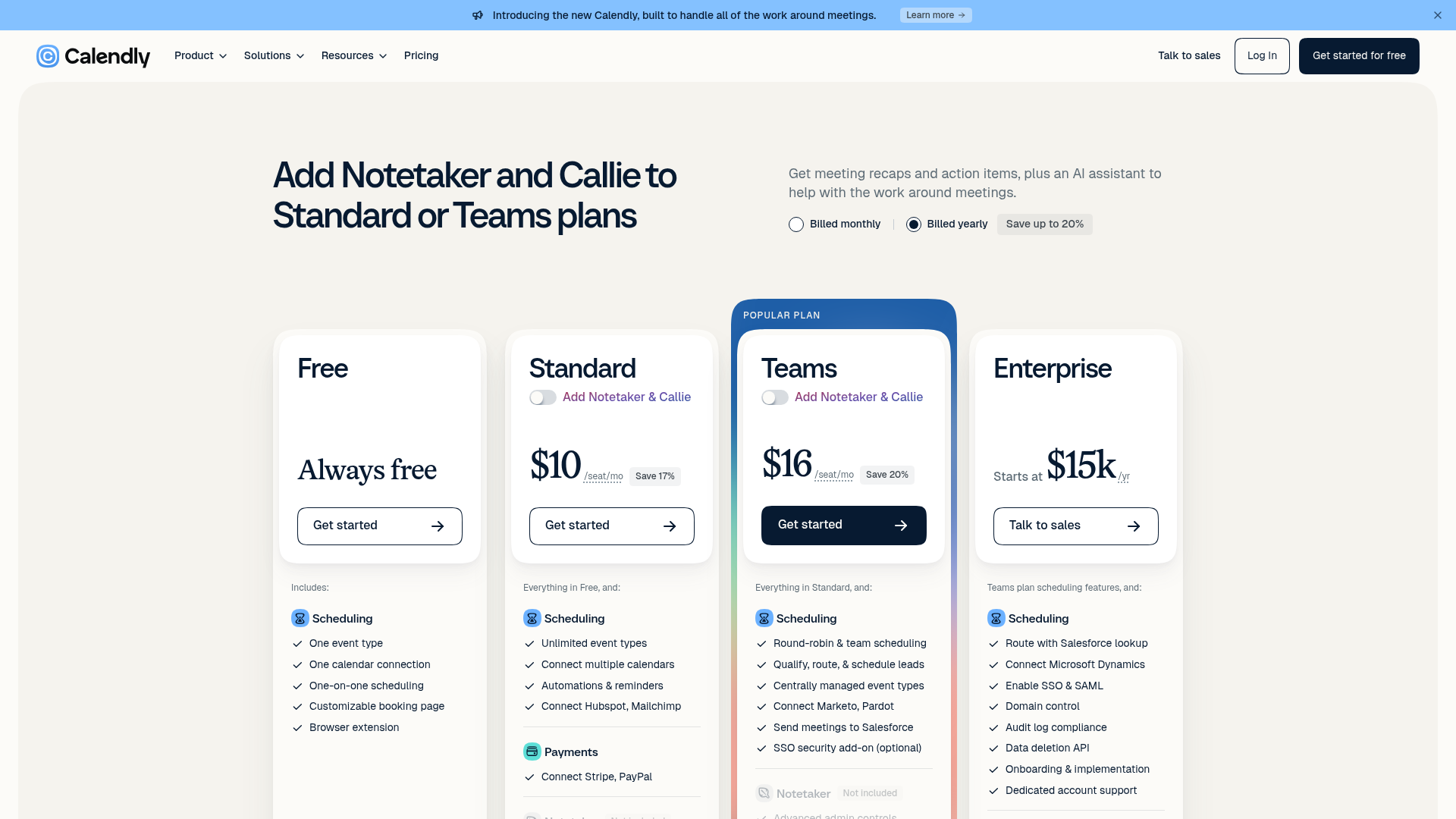 Calendly pricing page showing Free, Standard, Teams, and Enterprise plans