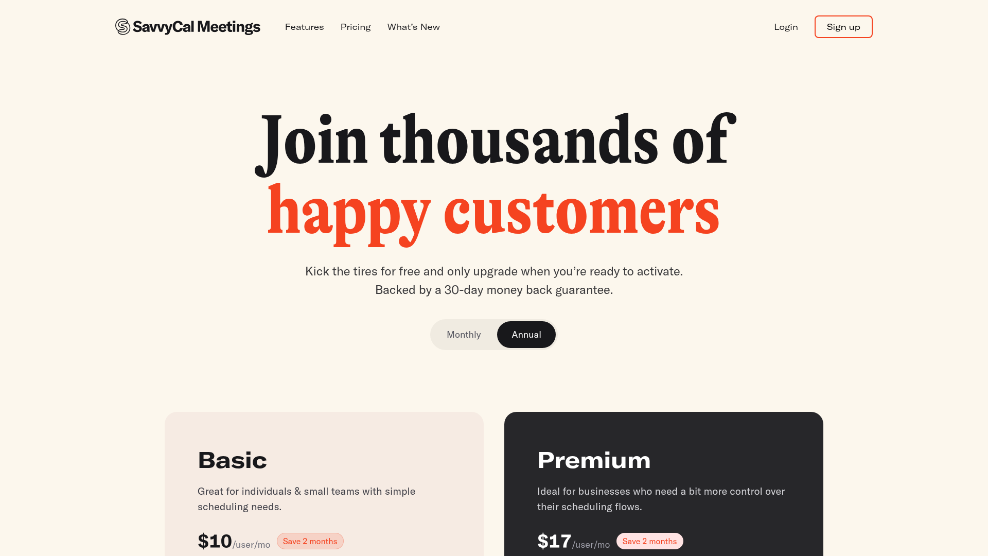SavvyCal pricing page showing Basic and Premium plans