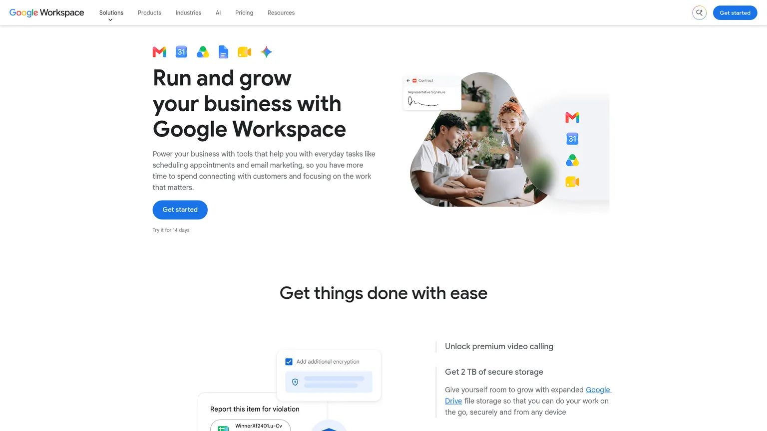Google Workspace page describing appointment scheduling, reminders and payment collection