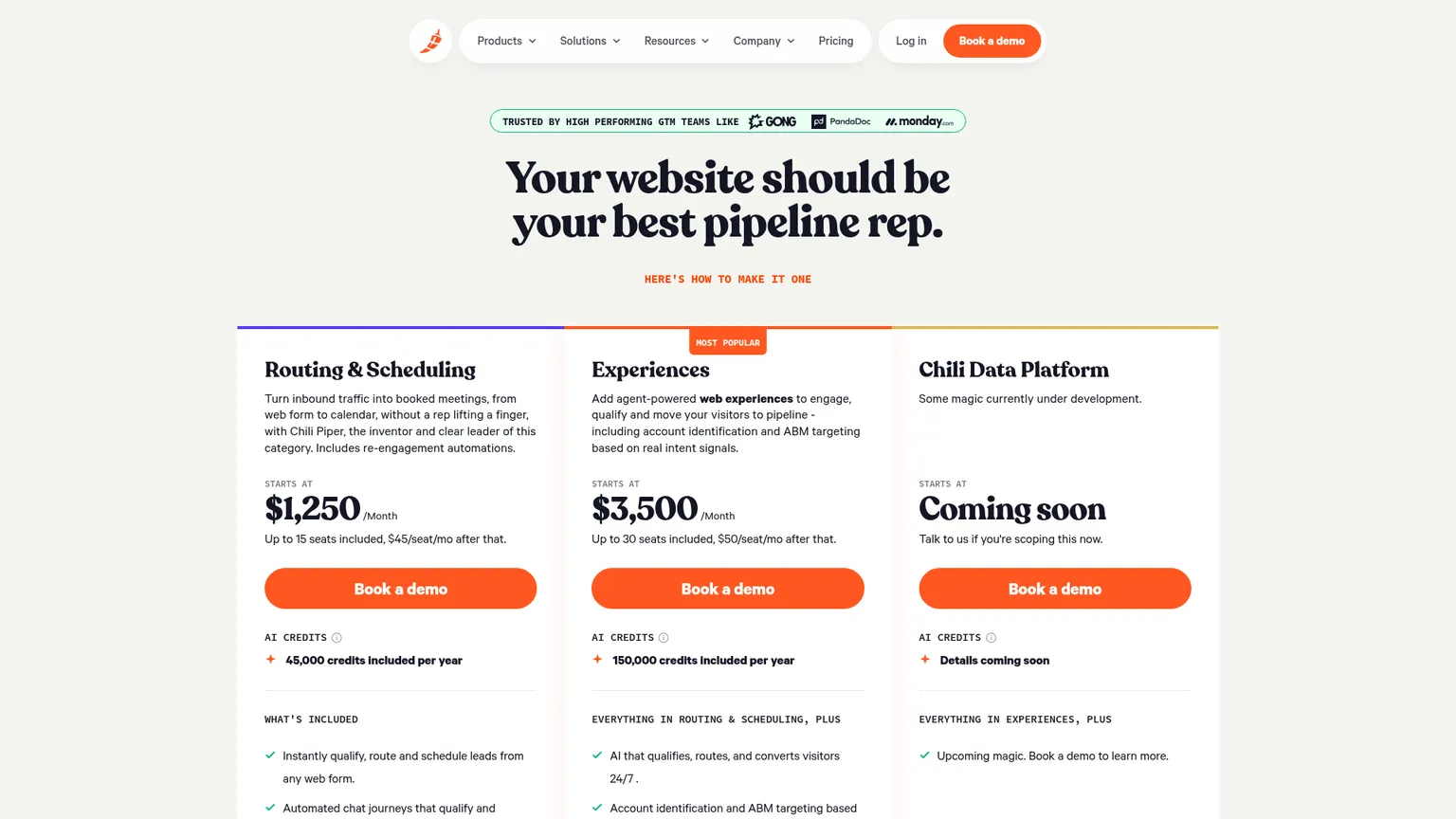 Chili Piper pricing page showing Routing and Scheduling and Experiences packages
