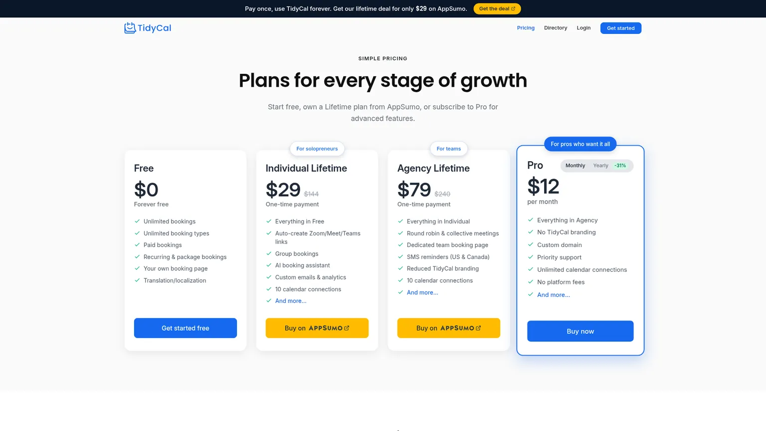 TidyCal pricing showing Free, Individual Lifetime, Agency Lifetime and Pro