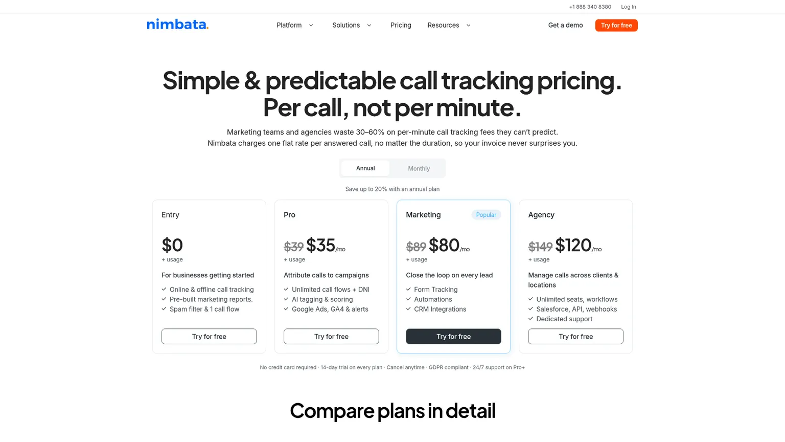 Page des tarifs Nimbata présentant les offres Entry, Pro, Marketing et Agency
