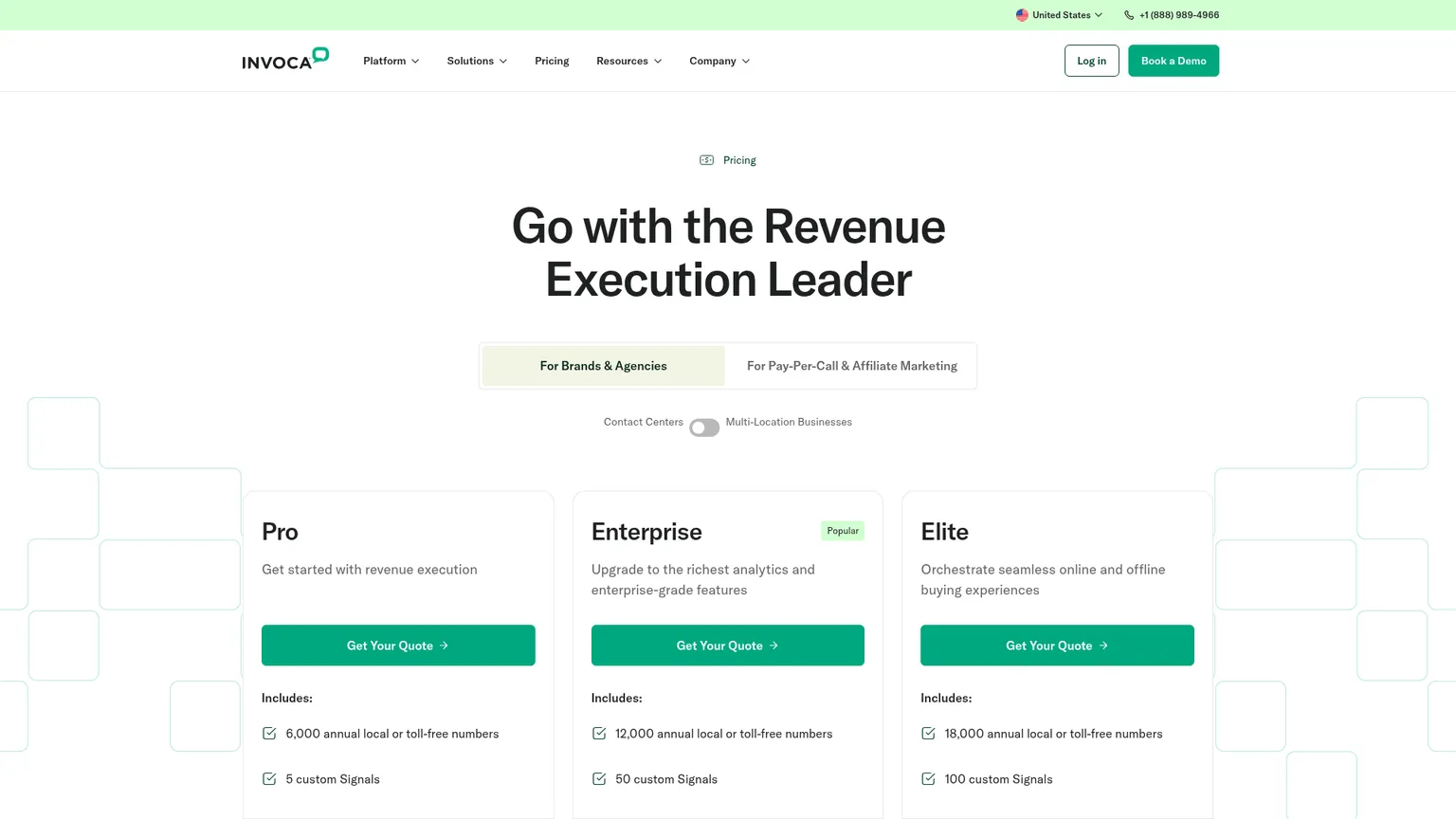 Page des tarifs Invoca avec les offres Pro et Enterprise sur devis